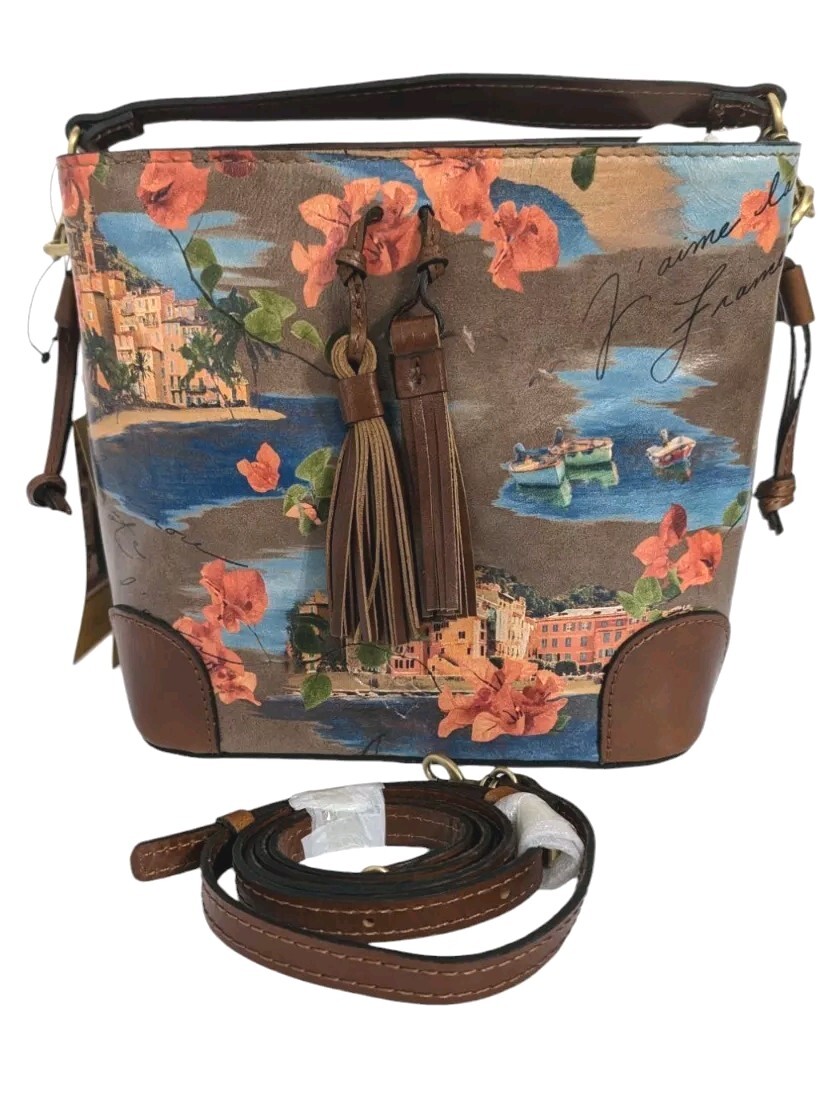 Patricia Nash Chaumont Leather Top Handle Crossbody Bucket Bag-French Riviera