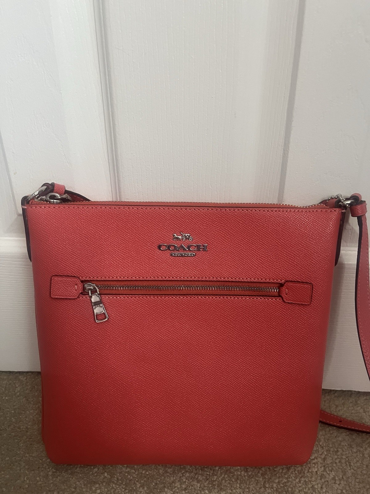 Coach Coral Crossbody Bag Zip Top w/Front Zip Pocket, Detachable Strap, Silver