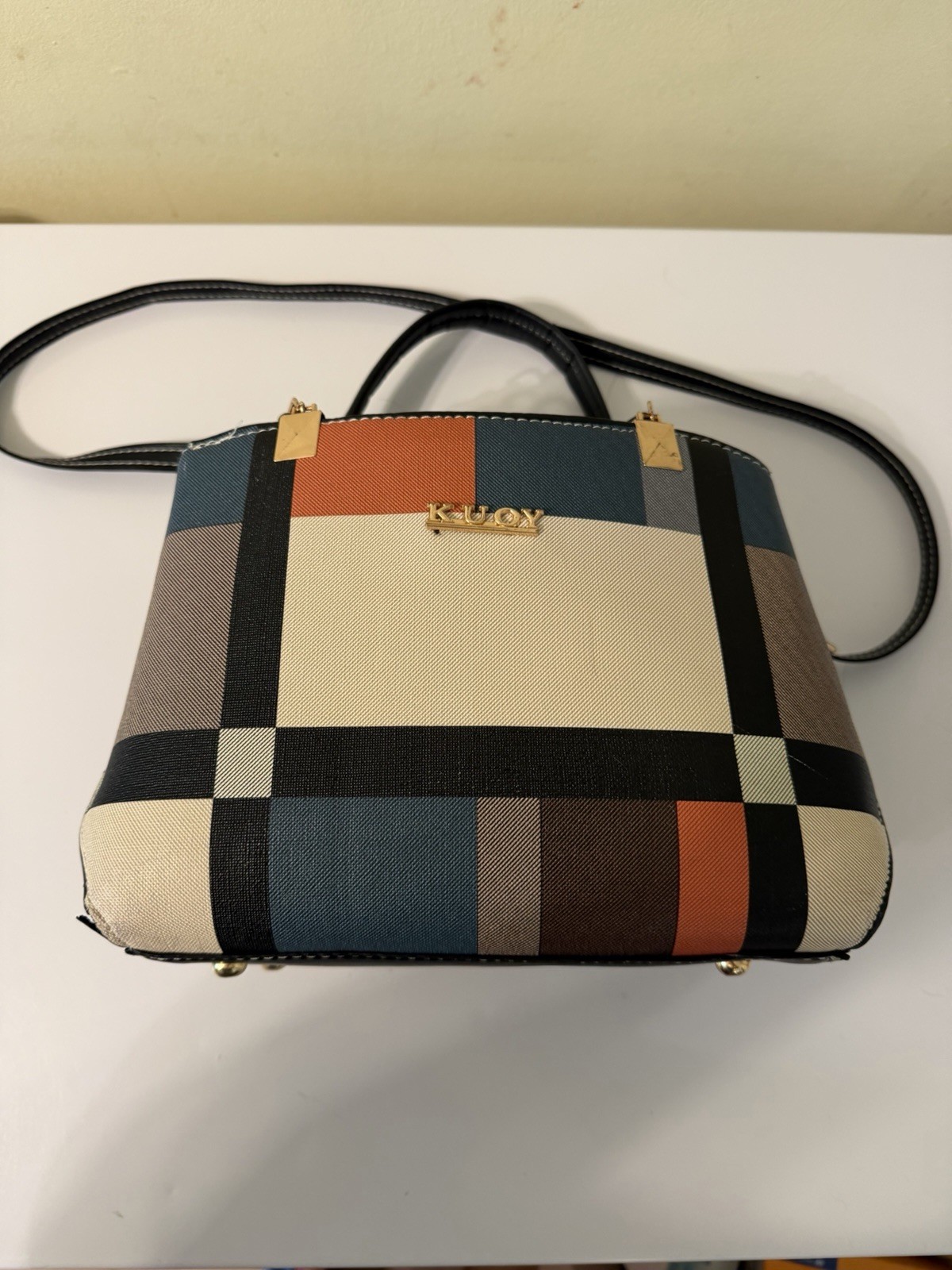 Multicolor Plaid Crossbody Bag Detachable Strap Zip Pockets Gold Hardware