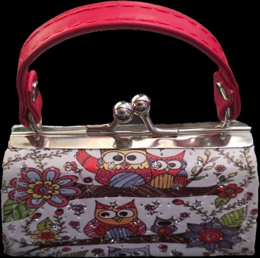 c.tok Mini Owl Floral Clutch Top Handle Bag Clasp Closure White Pink Lining