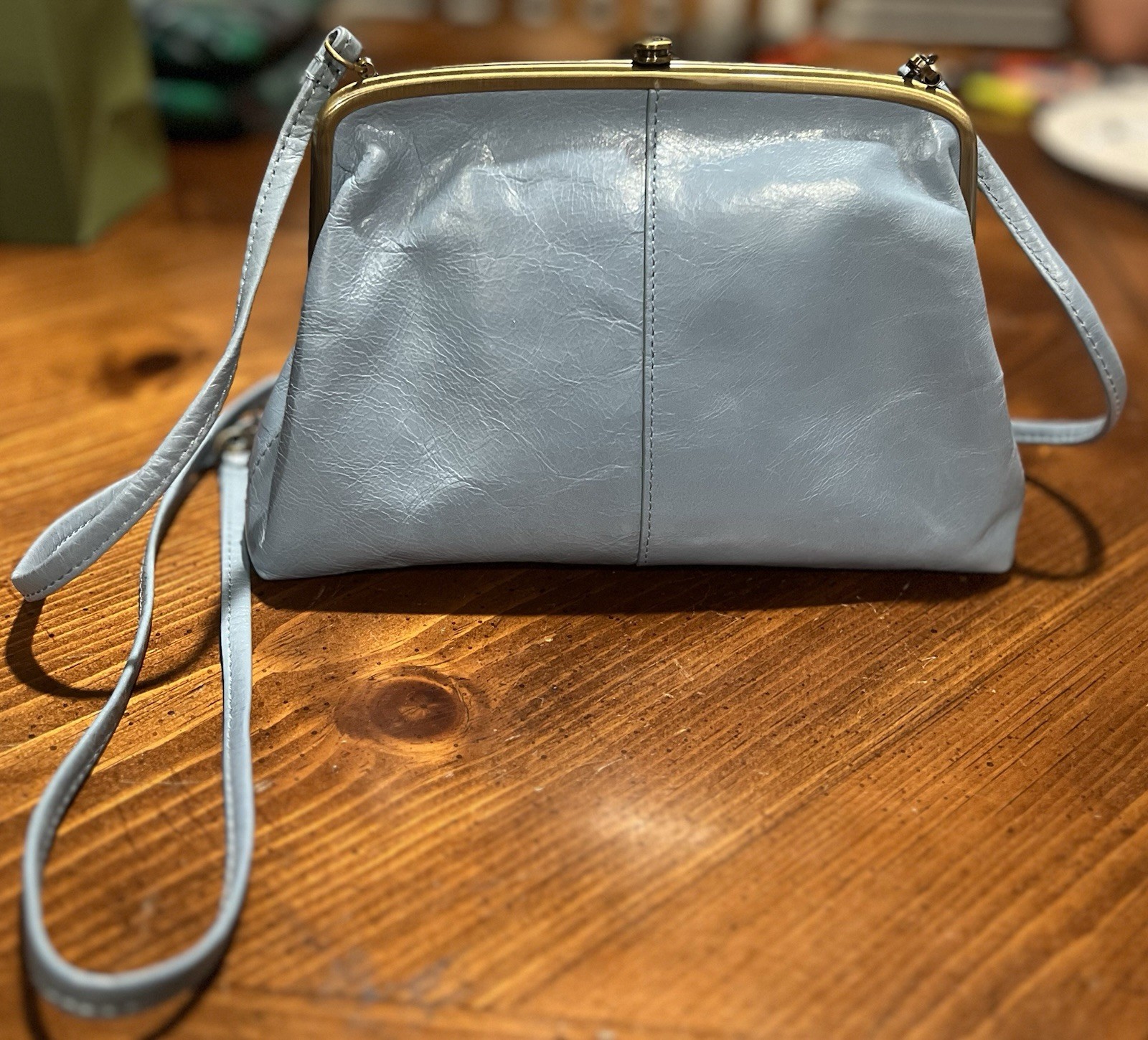 New! HOBO Lana Blue Mist Leather Mini Bag Kiss Lock Boho Purse w/ Tags