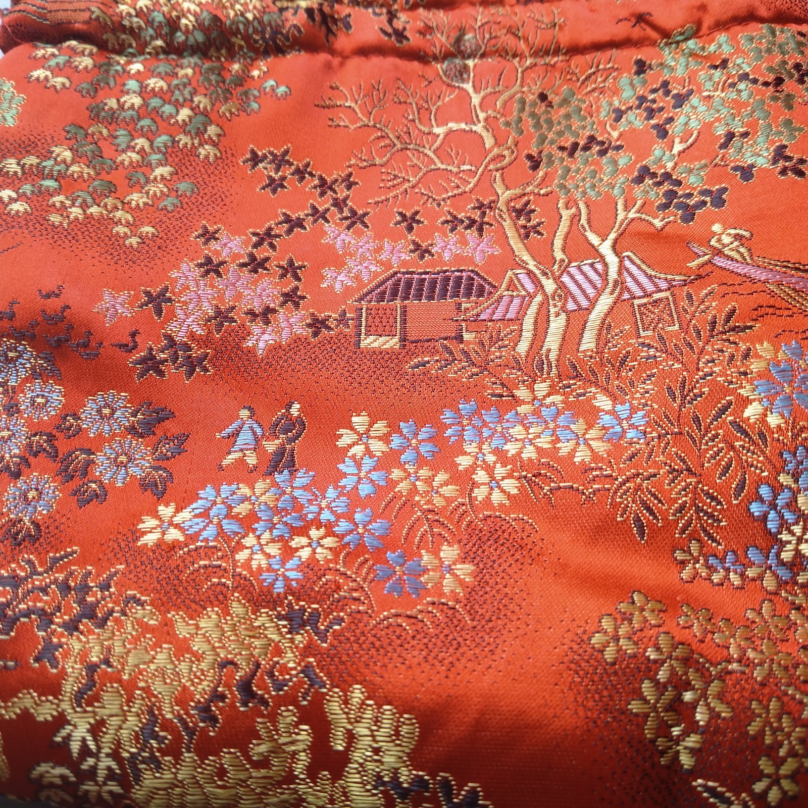 Chinese/Asian Print Red Drawstring Pouch Purse Colorful Silky Classic