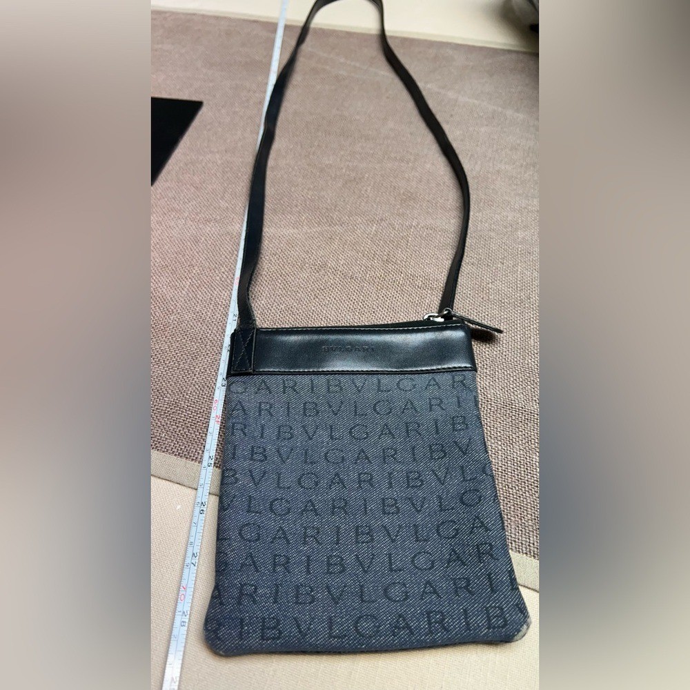 Bvlgari Crossbody Bag Small Grey Logo Jacquard Leather Trim Good