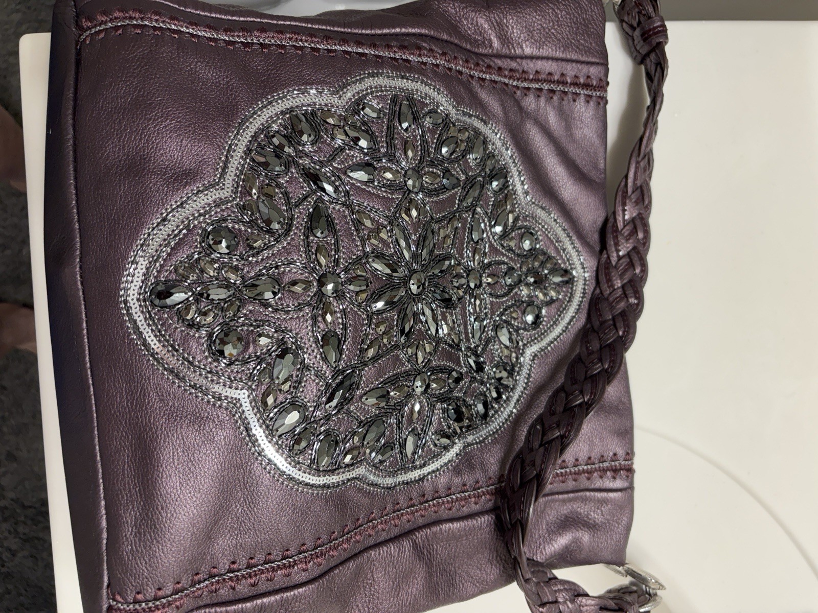 BRIGHTON ANJU Purple Brown Masterpiece Jeweled Shoulder Handbag Purse EUC