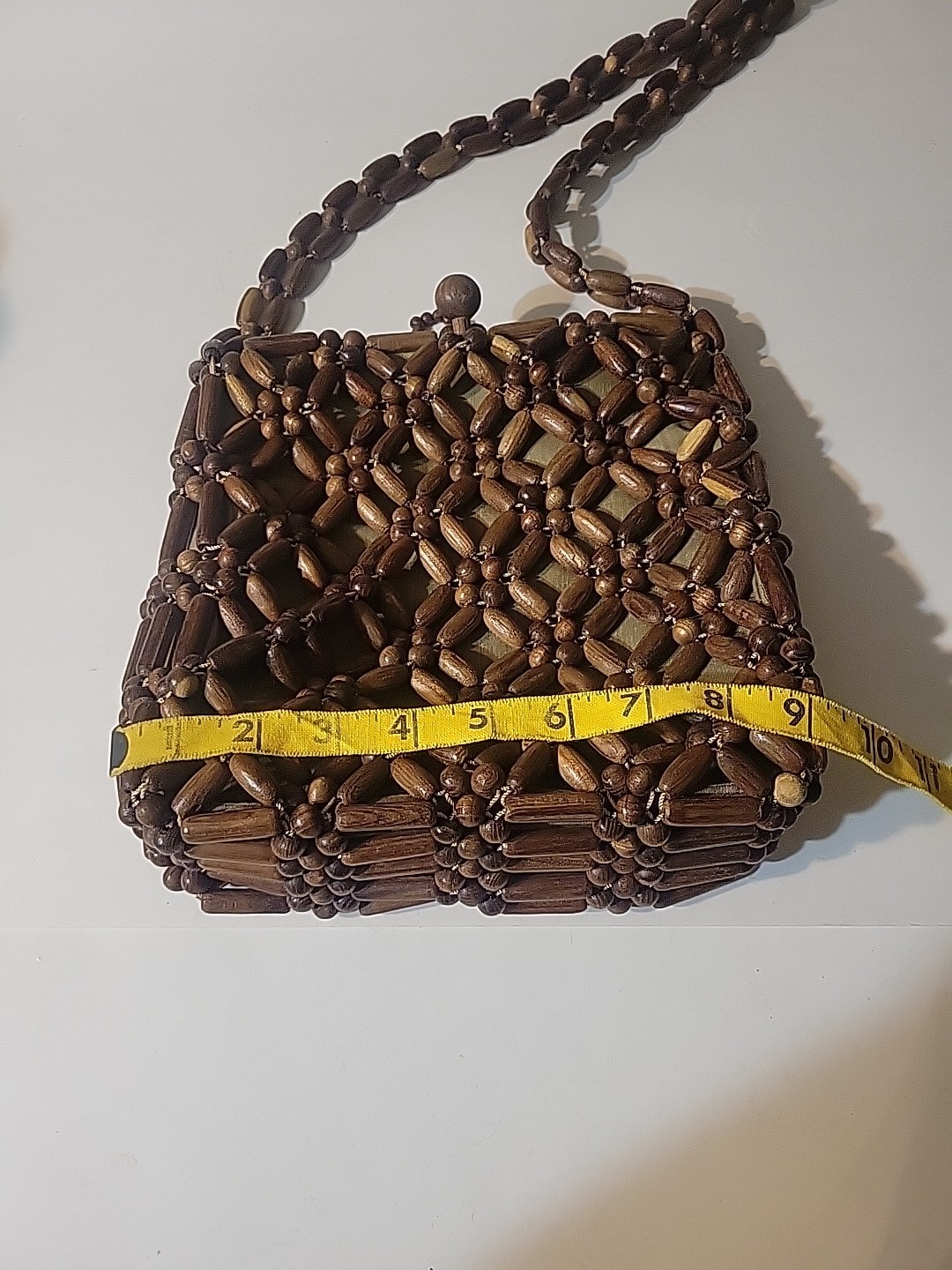 Vintage 1960s-70s Korean Wooden Bead Handbag Boho Shoulder Purse Made in Korea