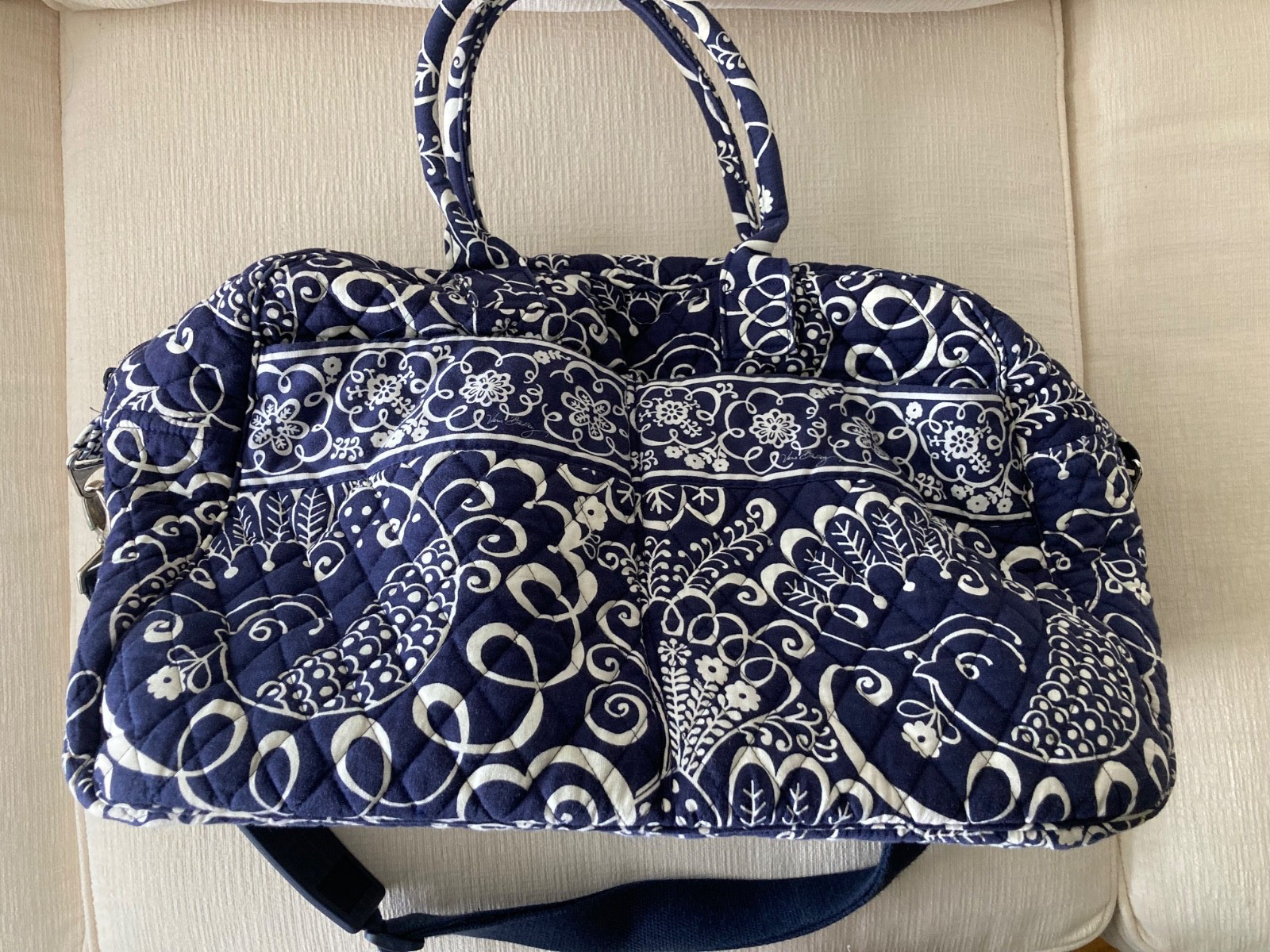 Vera Bradley Twirly Bird XL Grand Traveler w/Handles and Strap, Navy/White