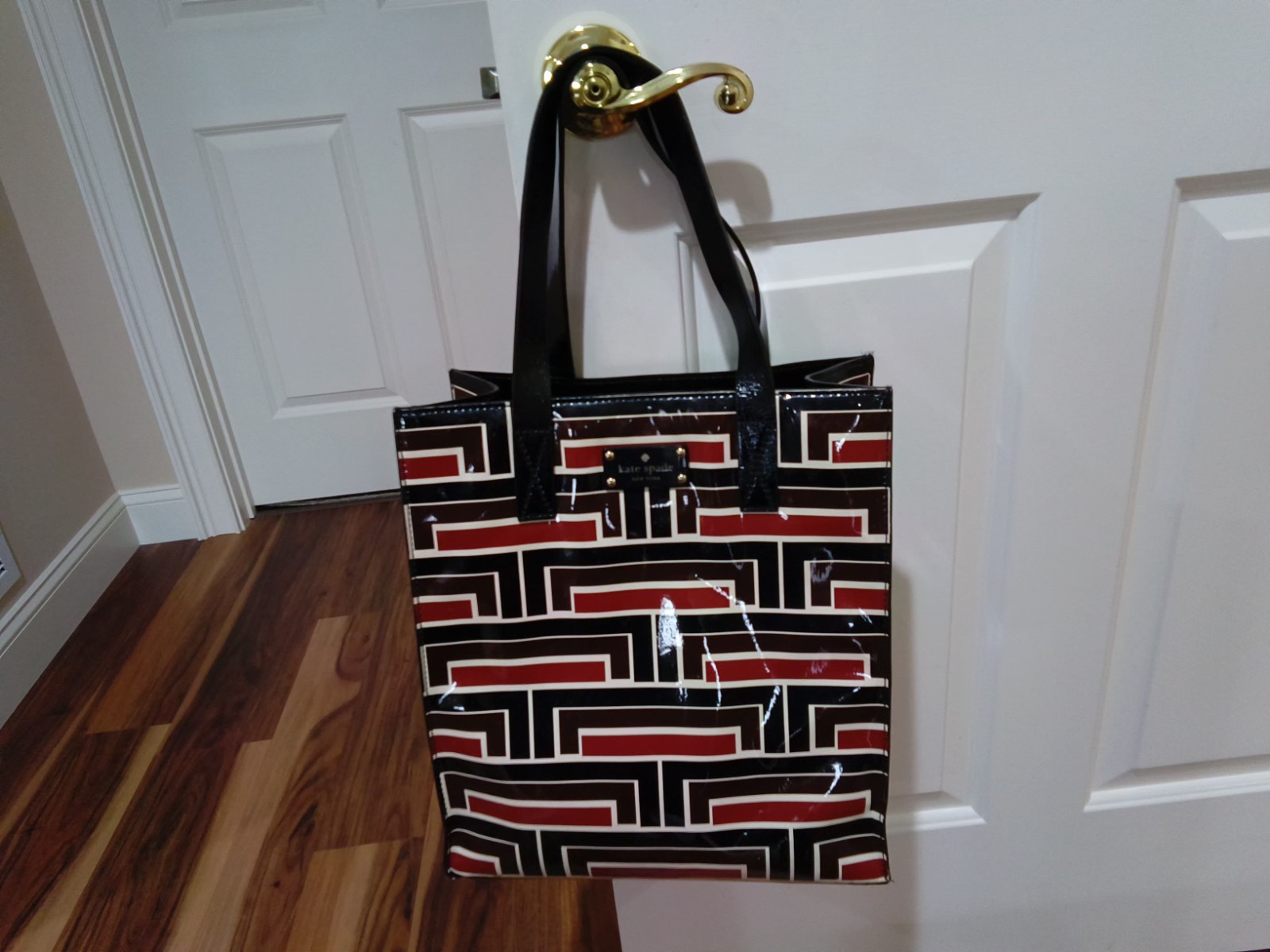 Vintage Kate Spade Tall Tote Bag, Shiny Faux Patent Leather, Geometric Pattern