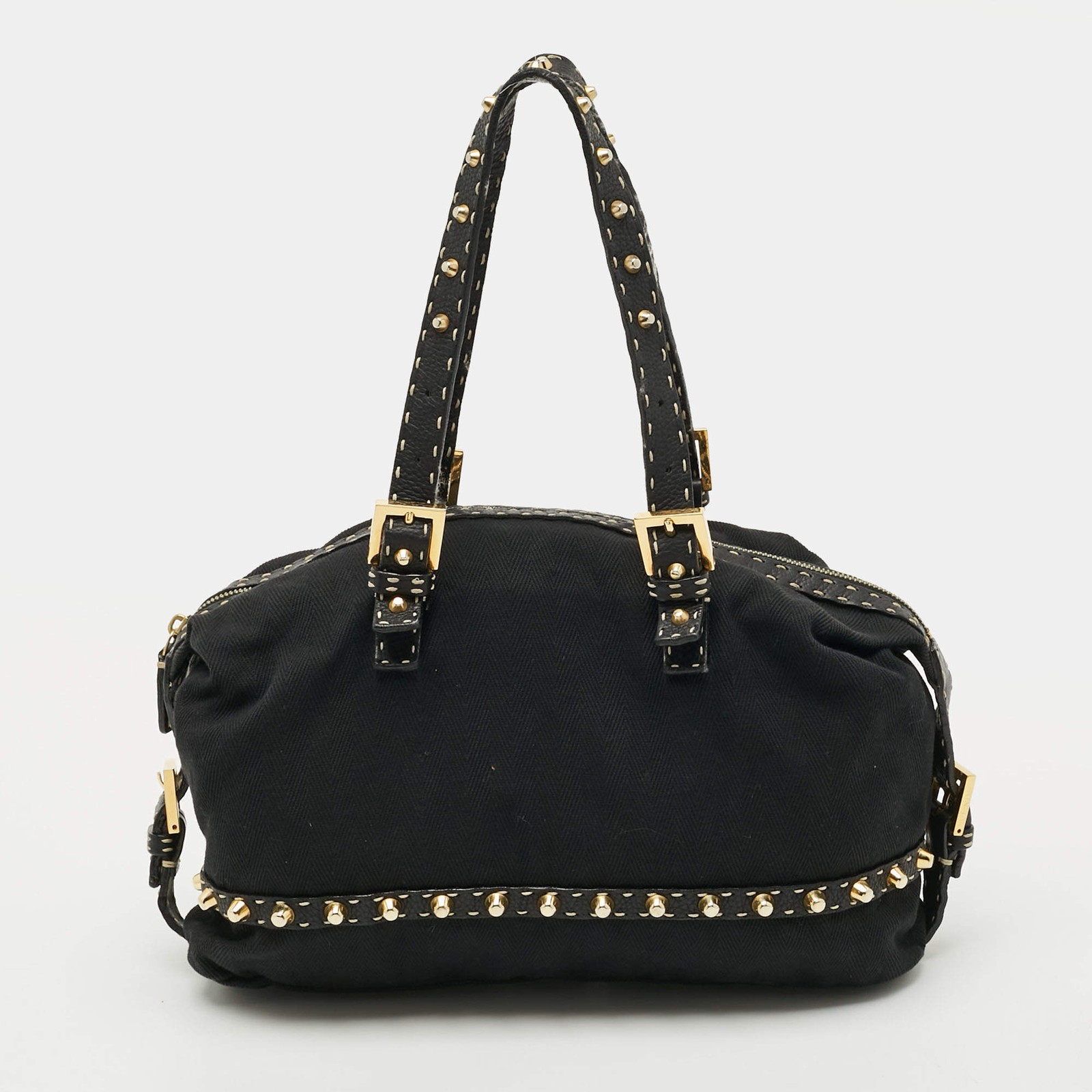 Fendi Studded Selleria Leather and Canvas Bag