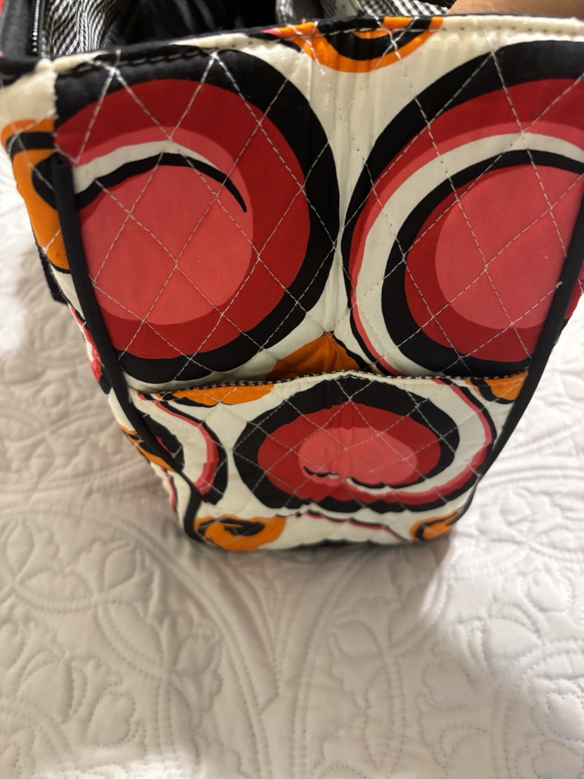 Bliss Quilted Geometric Tote Bag Red Orange Black White Bow Zipper Changing Pad