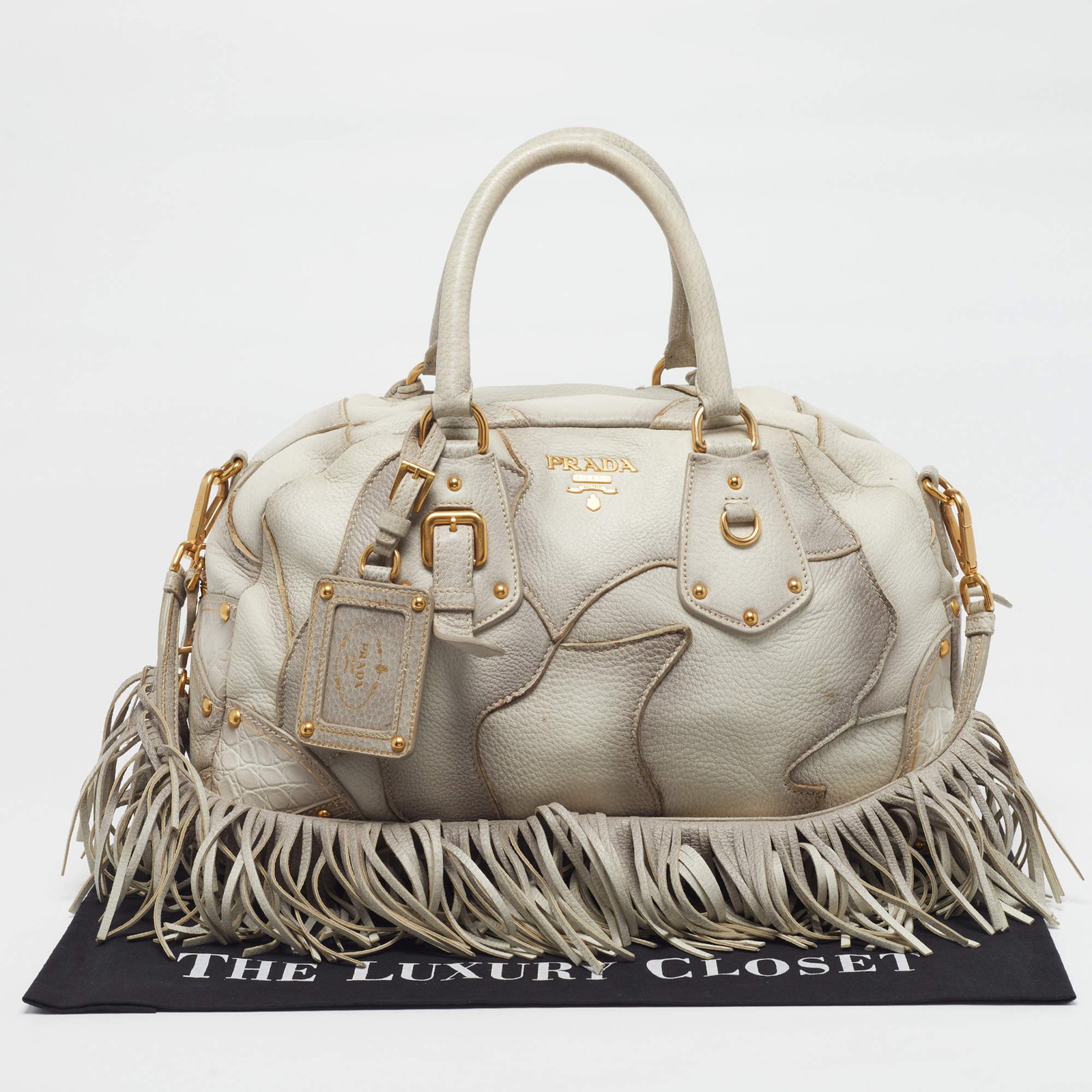 Prada White Ombre Deerskin Leather Croc and Lizard Patchwork Bowler Bag