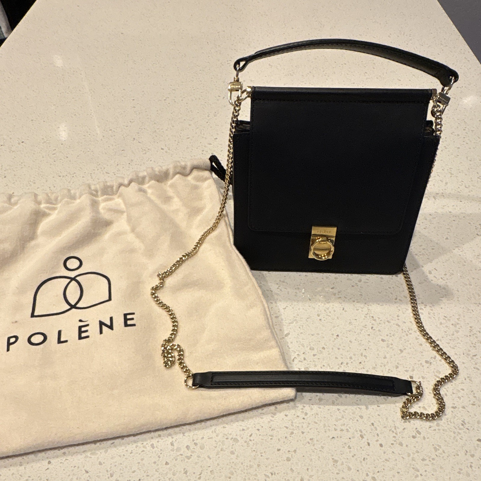 POLENE Numero Uno Mini Black Small Crossbody Top Handle, Chain Strap, Dust Bag