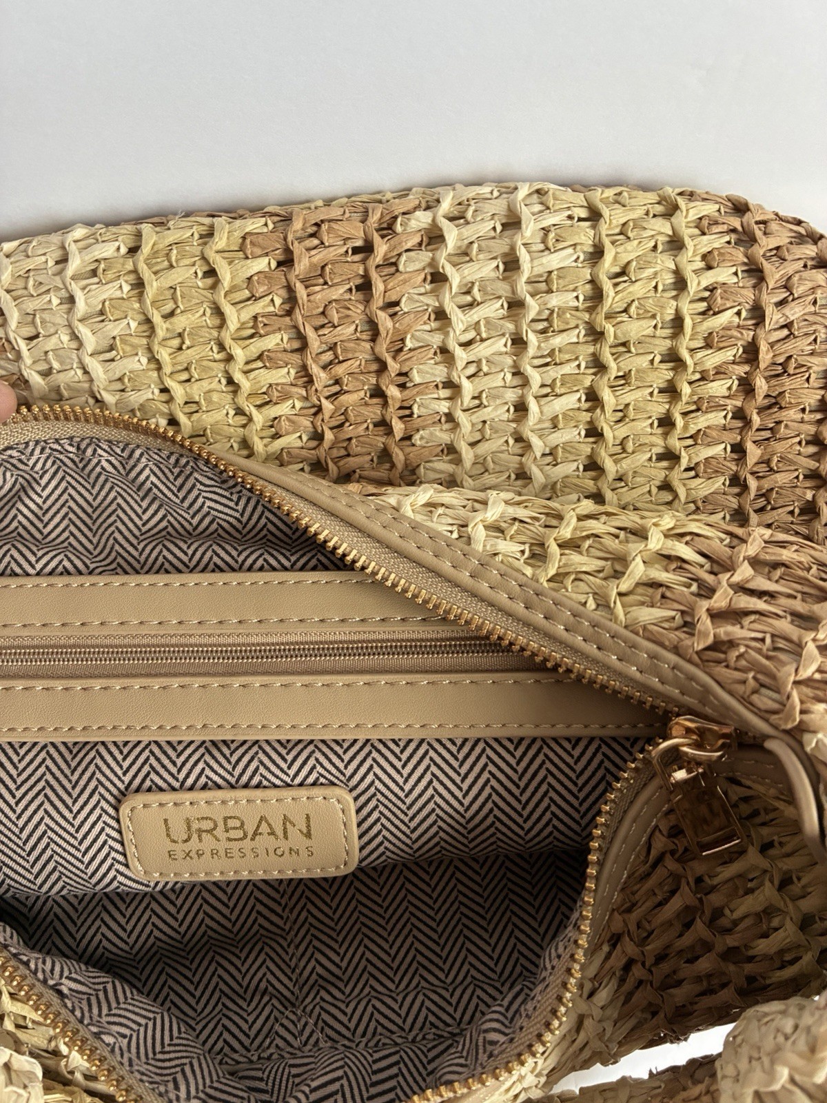 Chic Urban Expressions Beige/Tan Striped Crescent Shoulder Bag Zip Lined Pockets