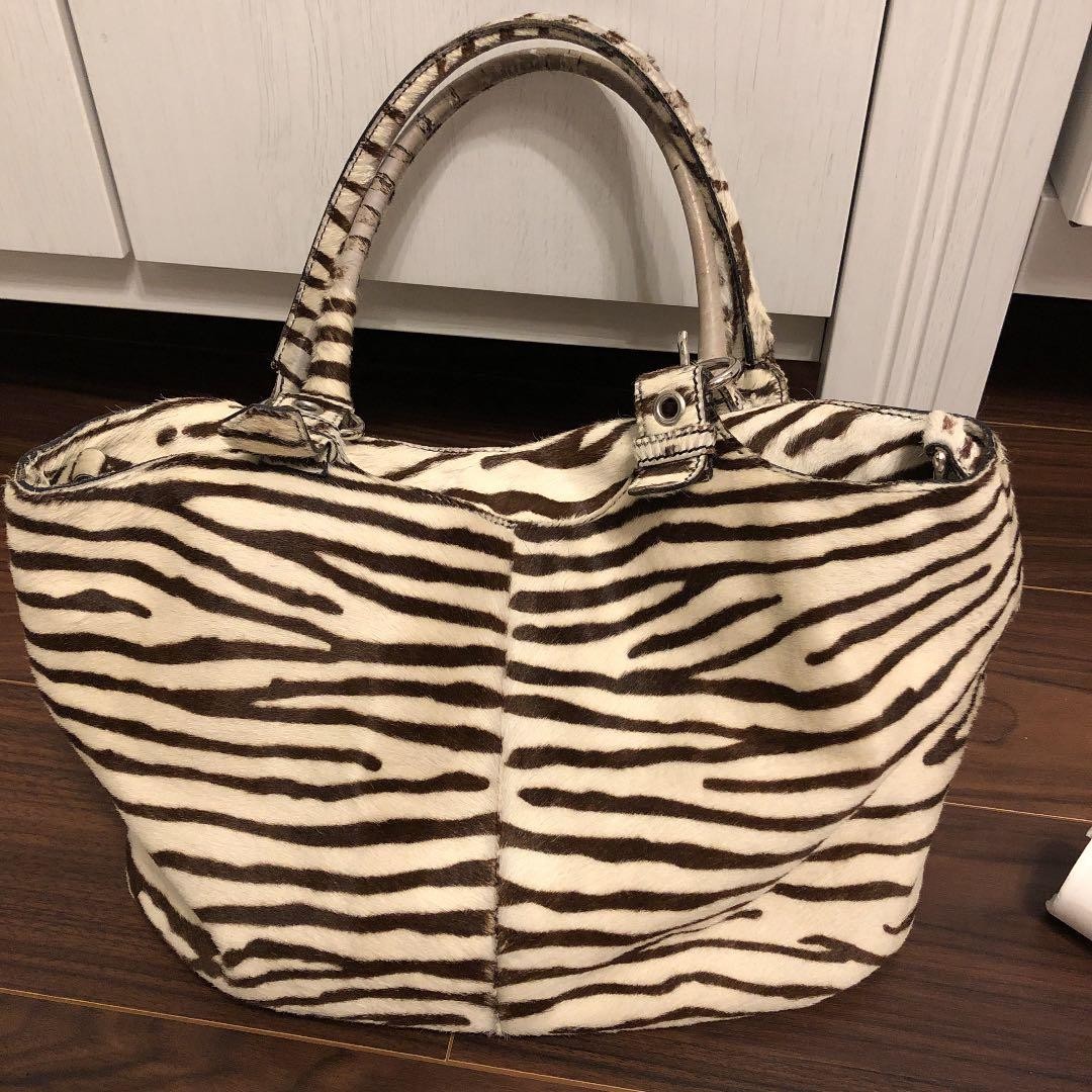 Auth Prada Zebra Tote Shoulder Bag Black Brown White Triangle Logo Plate Used