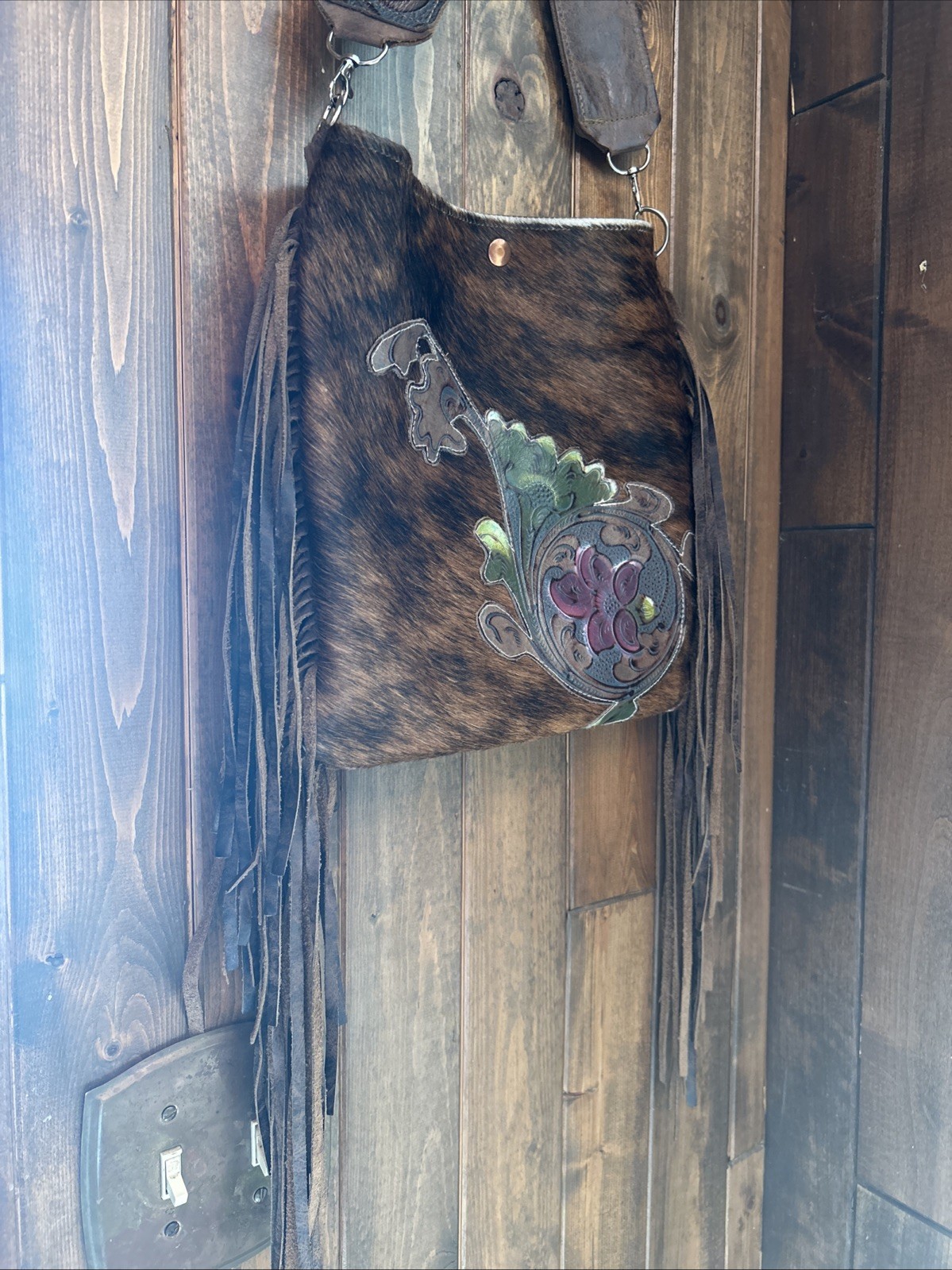 Dancing Cactus Design Genuine Leather Cowhide Boho Tooled Thick Strap Purse