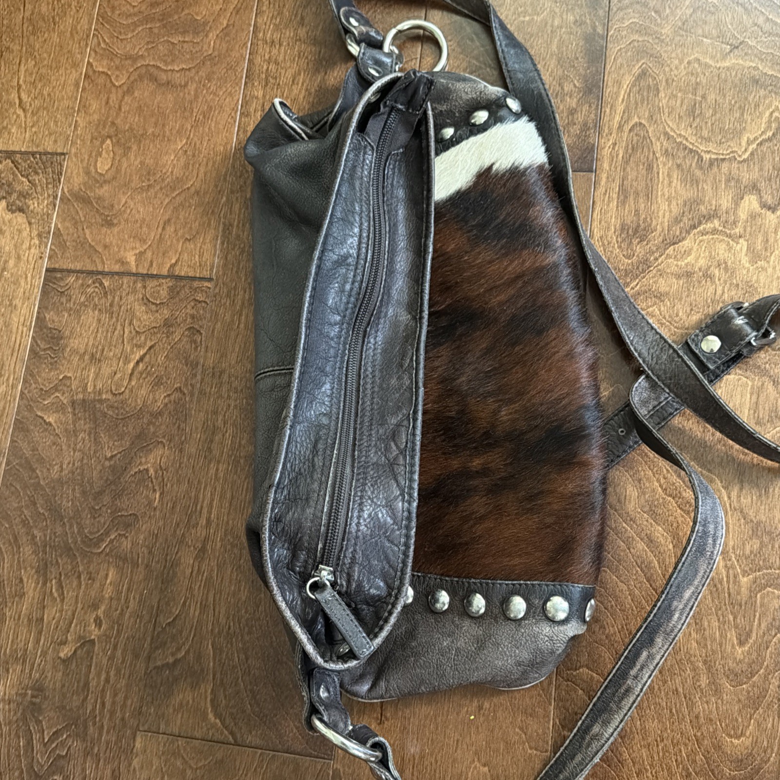Maurizio Taiuti Italy Genuine Cowhide Hair Studded Leather Bag Tote *COOL*