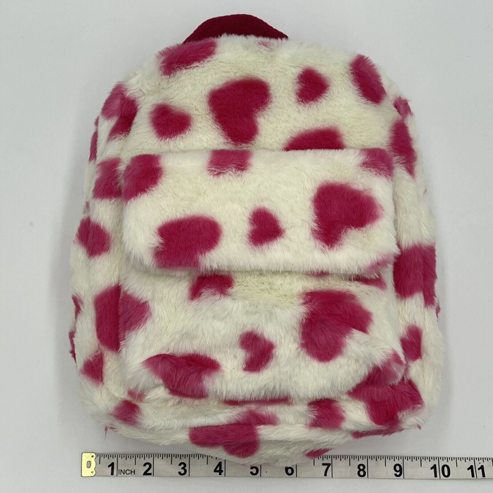 Pink Heart Print Mini Fuzzy Backpack Love Pattern Shoulder Bag White 10 x 9 in