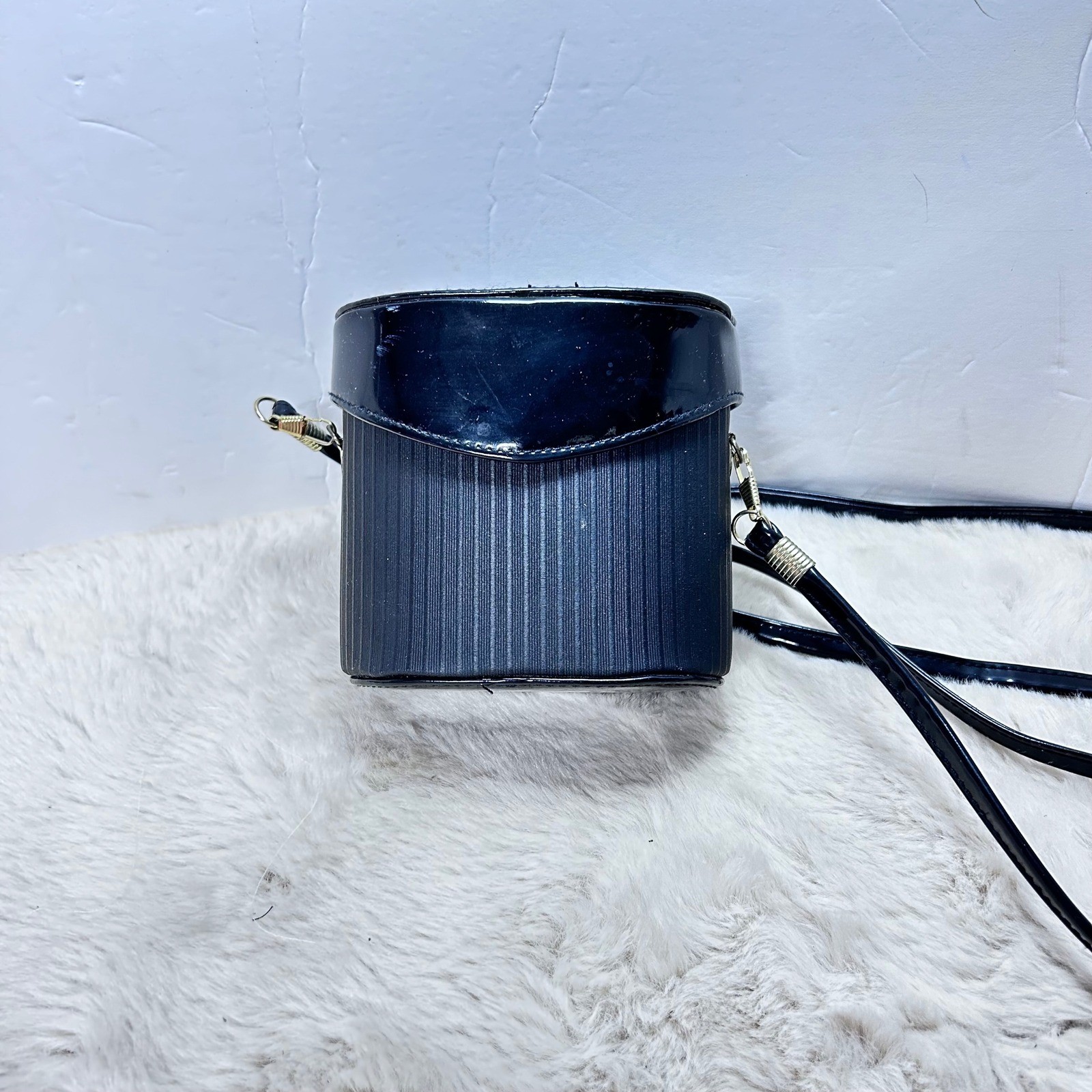 Vintage Black Ribbed Cylinder Vanity Cosmetic Evening Bag Purse