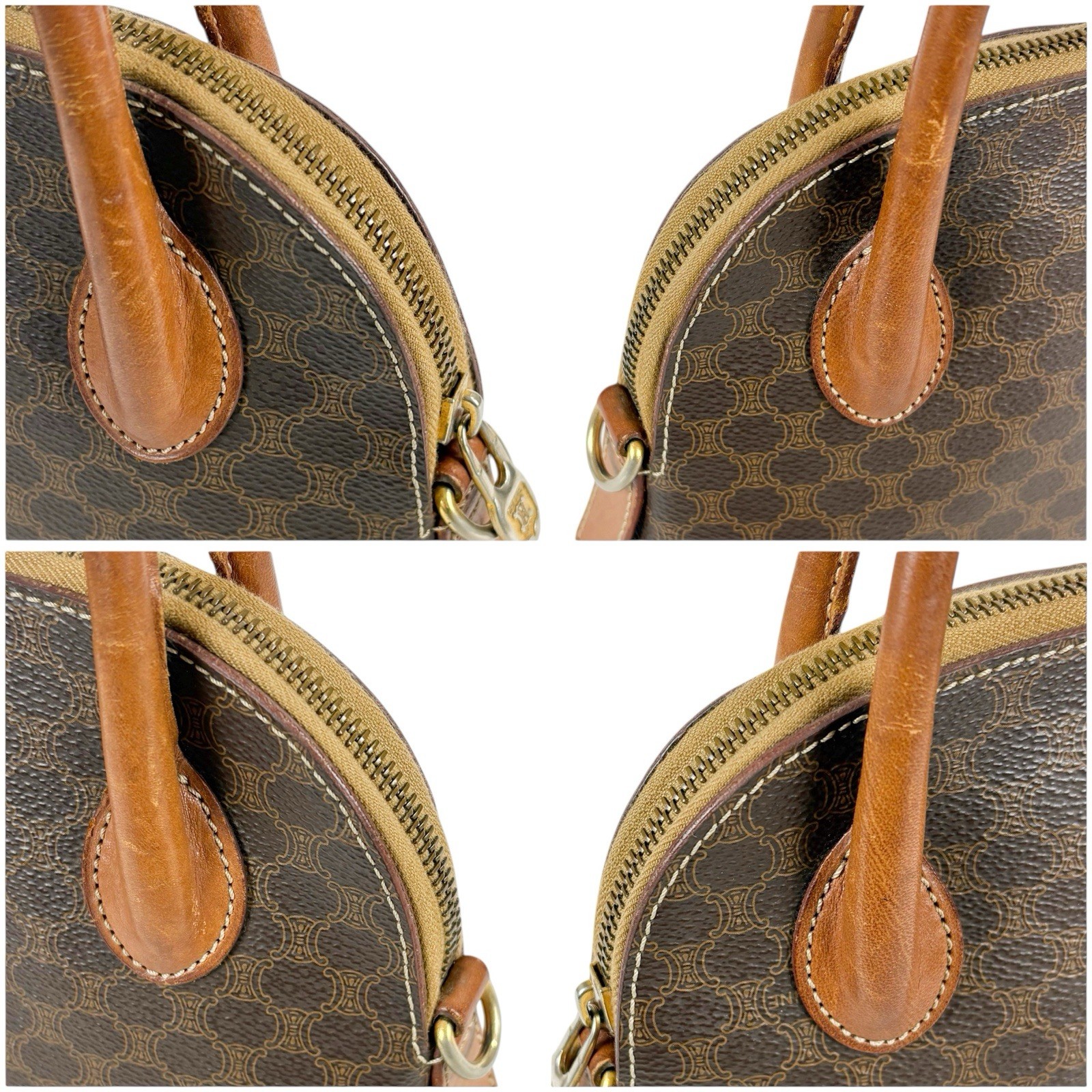 CELINE Triomphe Crossbody Bag Mini Tan Canvas Leather Macadam Brown Authentic