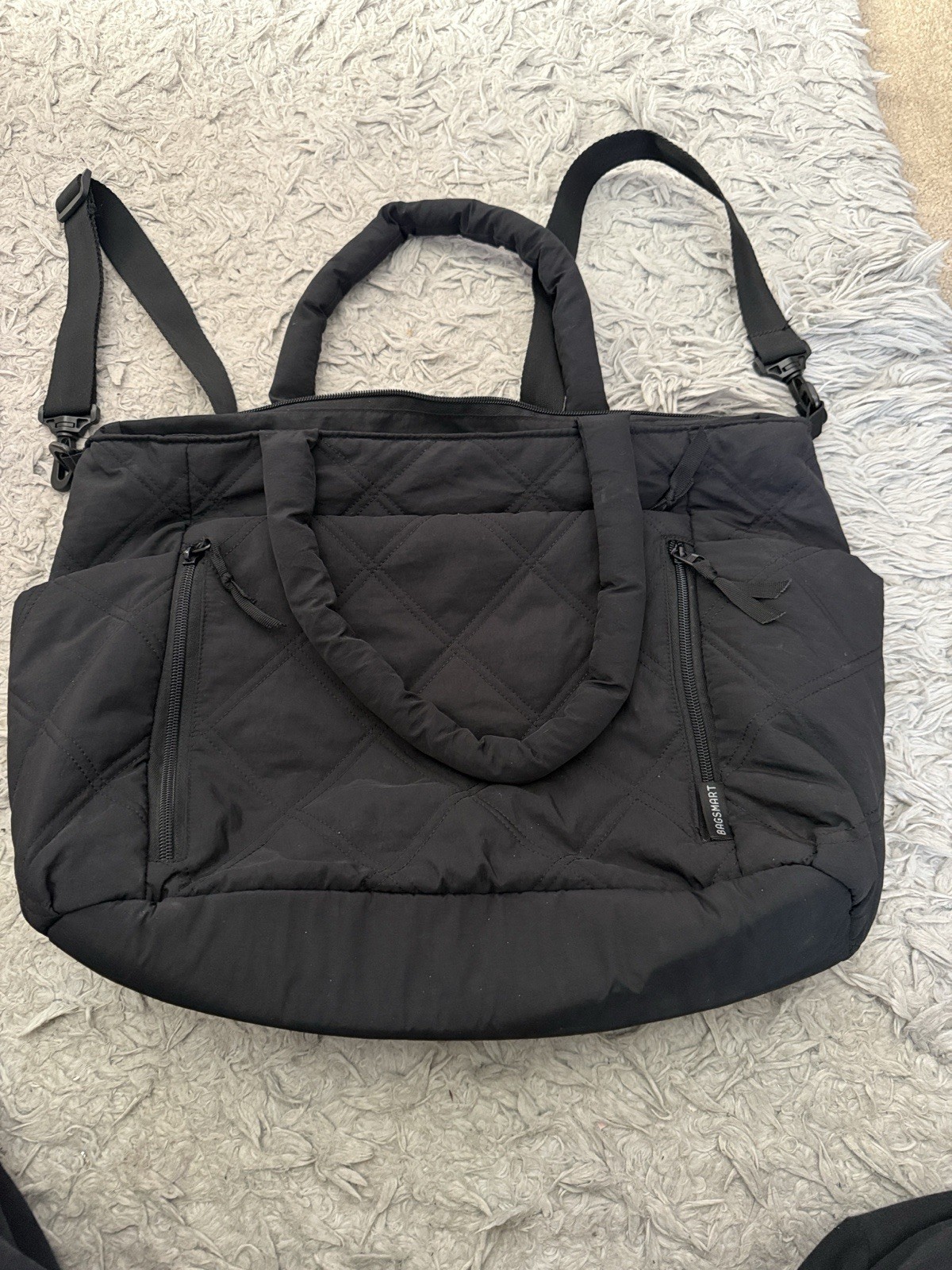 bagsmart quilted multi pocket tote bag adjustable shoulder strap black