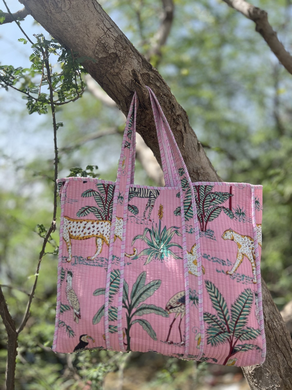 Handmade Quilted Cotton Tote Bag Pink Jungle Print Beach Travel Shopping Bag
