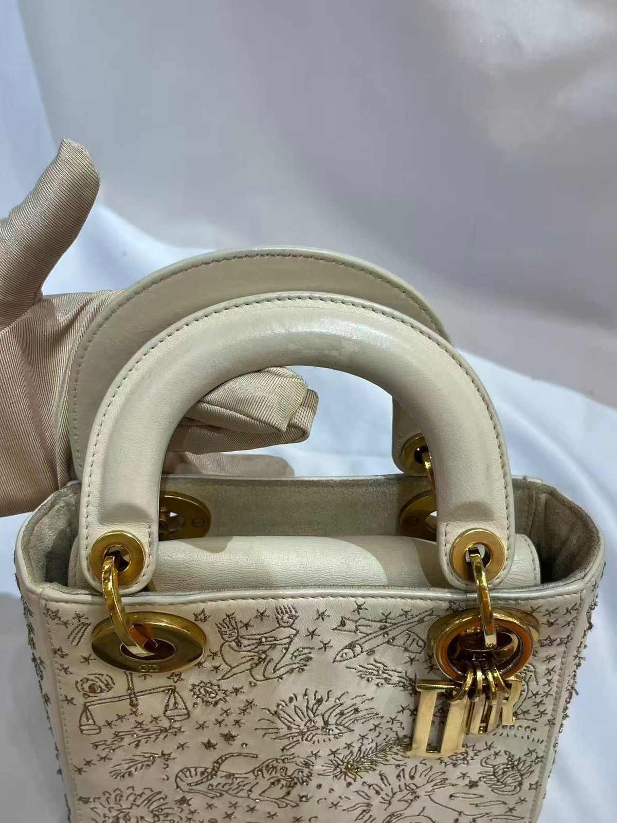 Auth Christian Dior Lady Dior Mini White Zodiac Beaded Embroidery Crossbody Bag
