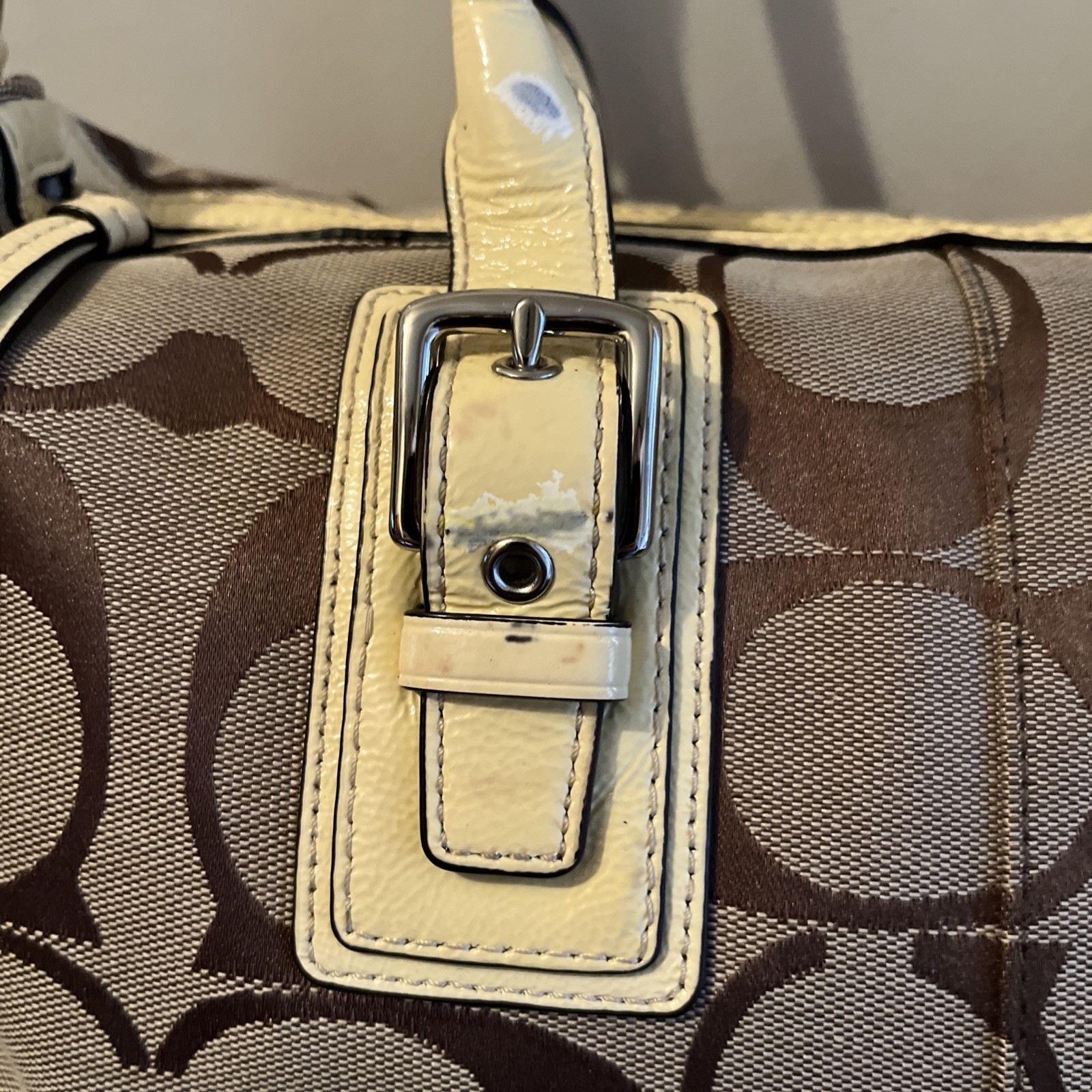 COACH J0920-F13812 Hampton Yellow/Brown Monogram Canvas Leather Shoulder Handbag