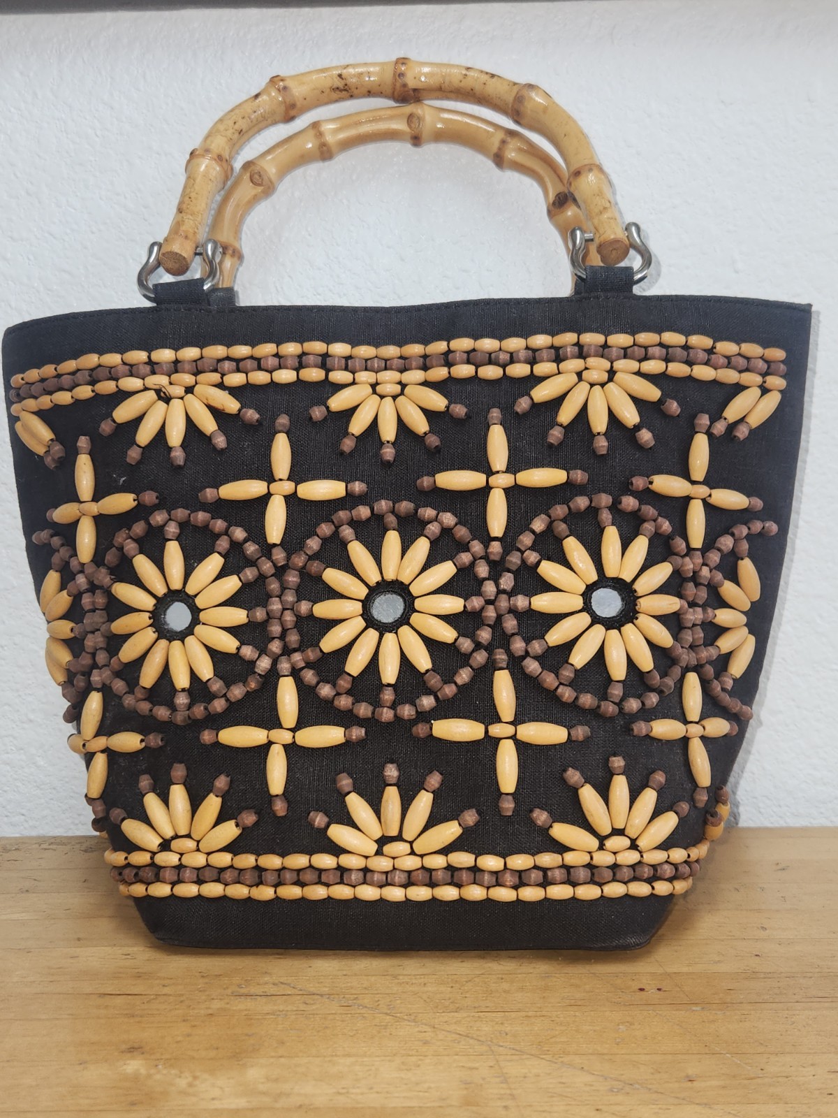 Talbots Wooden Beaded Tote Bag Boho Wood Bead Handbag Purse Shoulder Bag