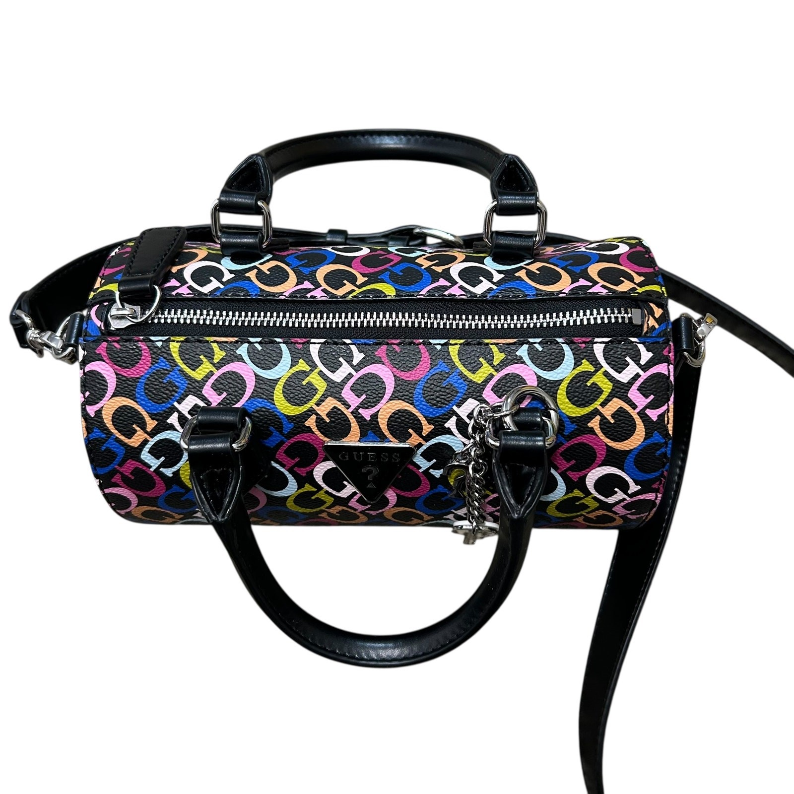 GUESS Crossbody Barrel Bag NWOT Multicolor Logo AOP Adjustable Y2K Streetwear