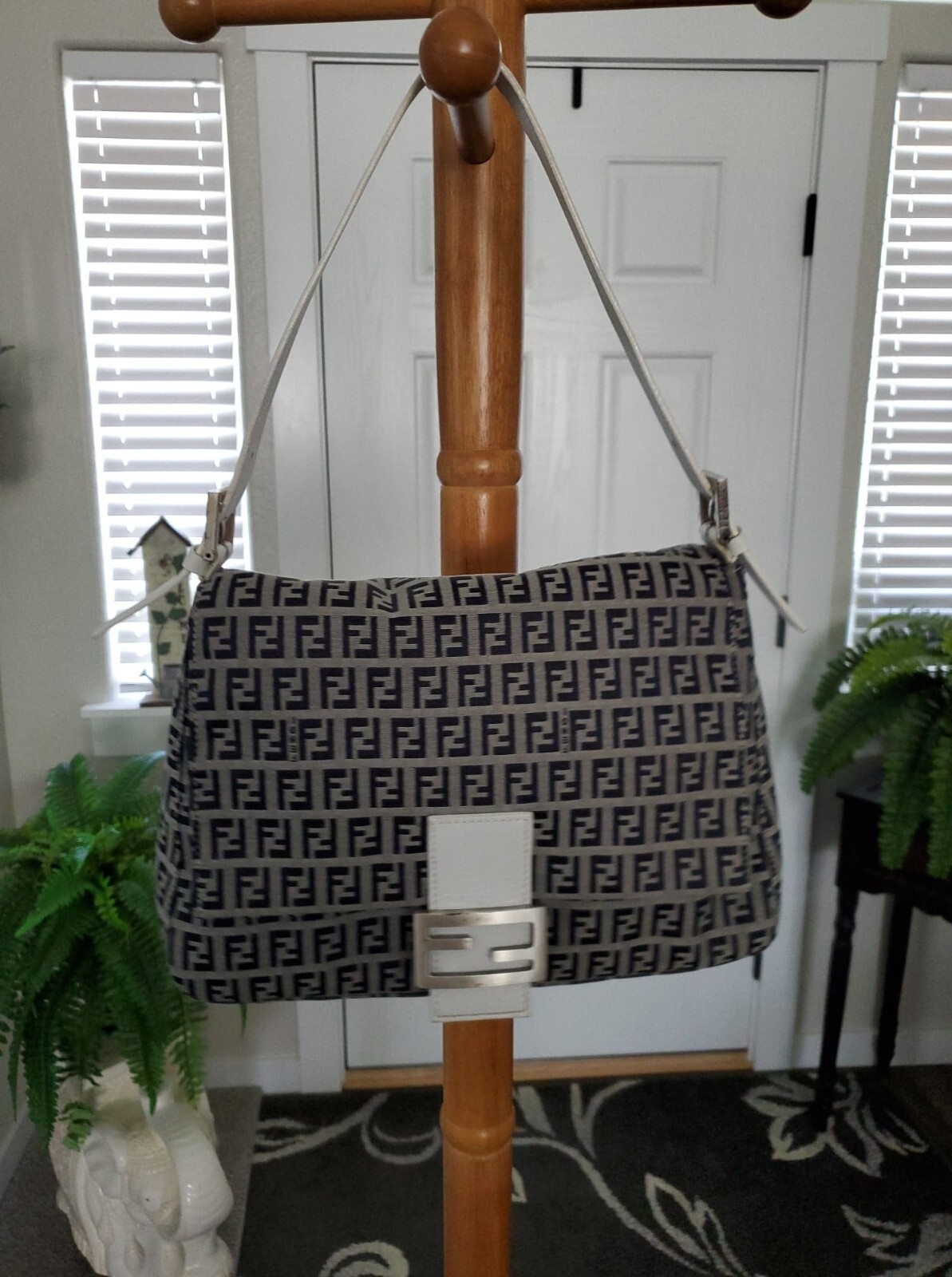 100% Auth FENDI Zucchino Mamma Baguette Shoulder hand Bag Canvas & White leather