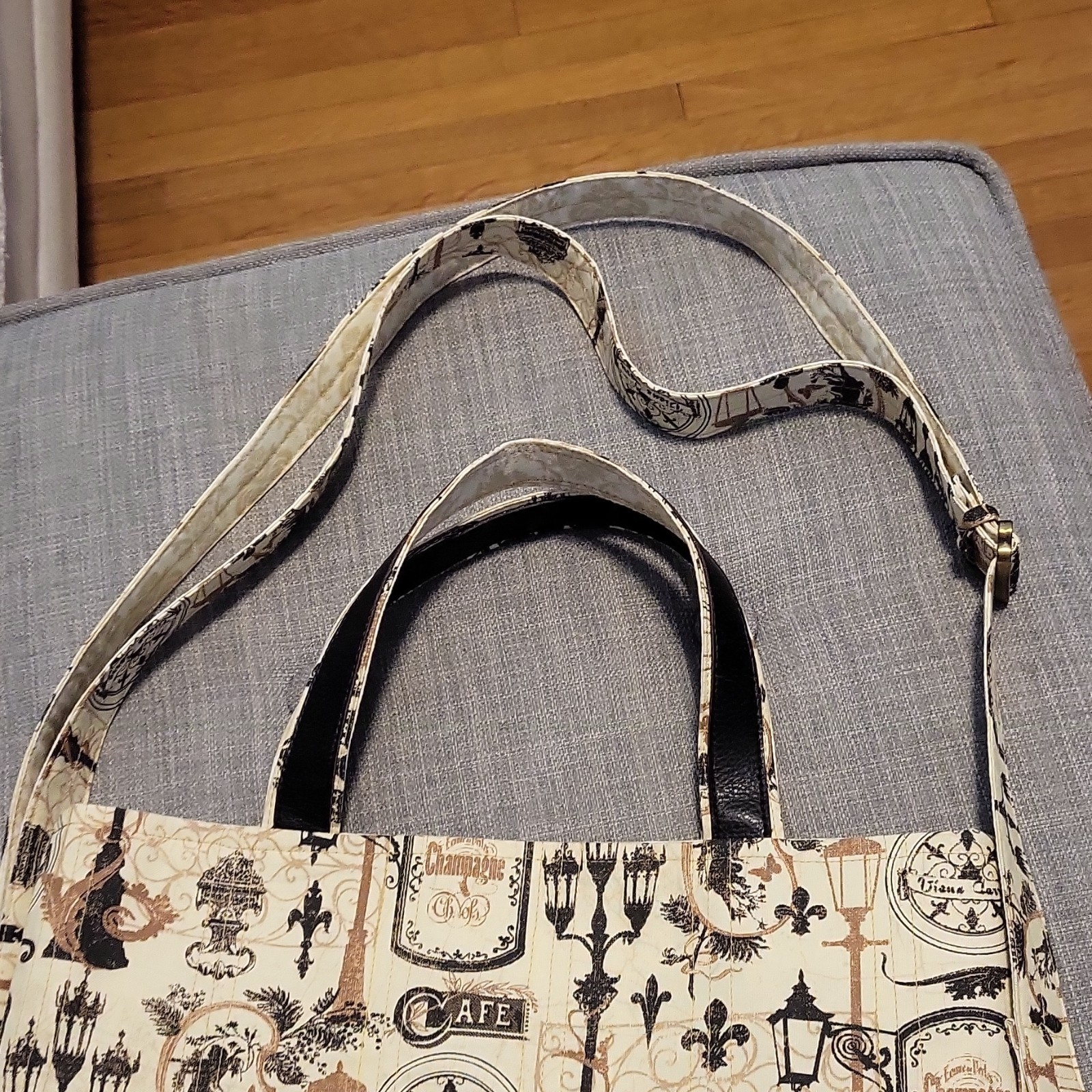 Paris Graphic Black/Ivory Crossbody Tote Zip Top Handle Detachable Strap