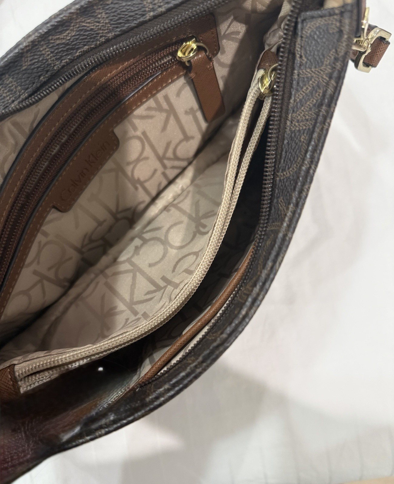 Calvin Klein Brown CK Monogram Small Crossbody Bag Zip Closure Adjustable Strap