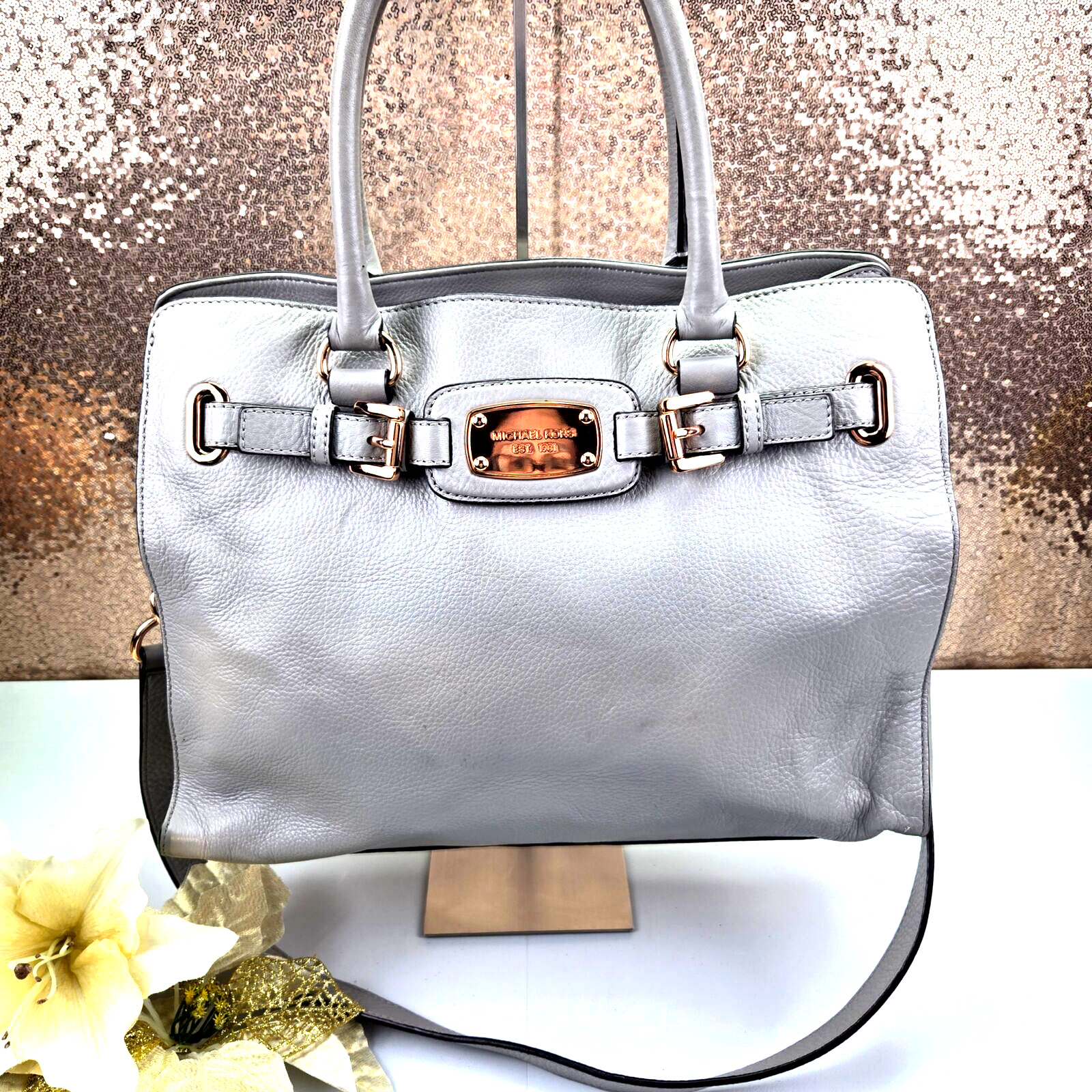 Michael Kors Womens Hamilton Satchel Handbag Purse Medium Gray Leather W/Strap