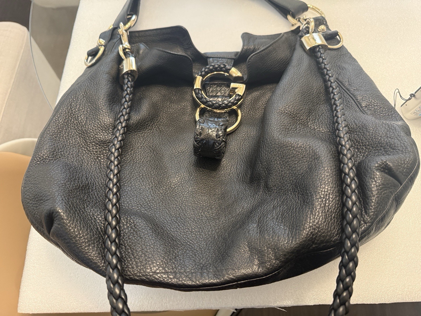 Gucci Black Pebbled Shoulder Bag Braided Strap Buckle Padlock Gold Hardware