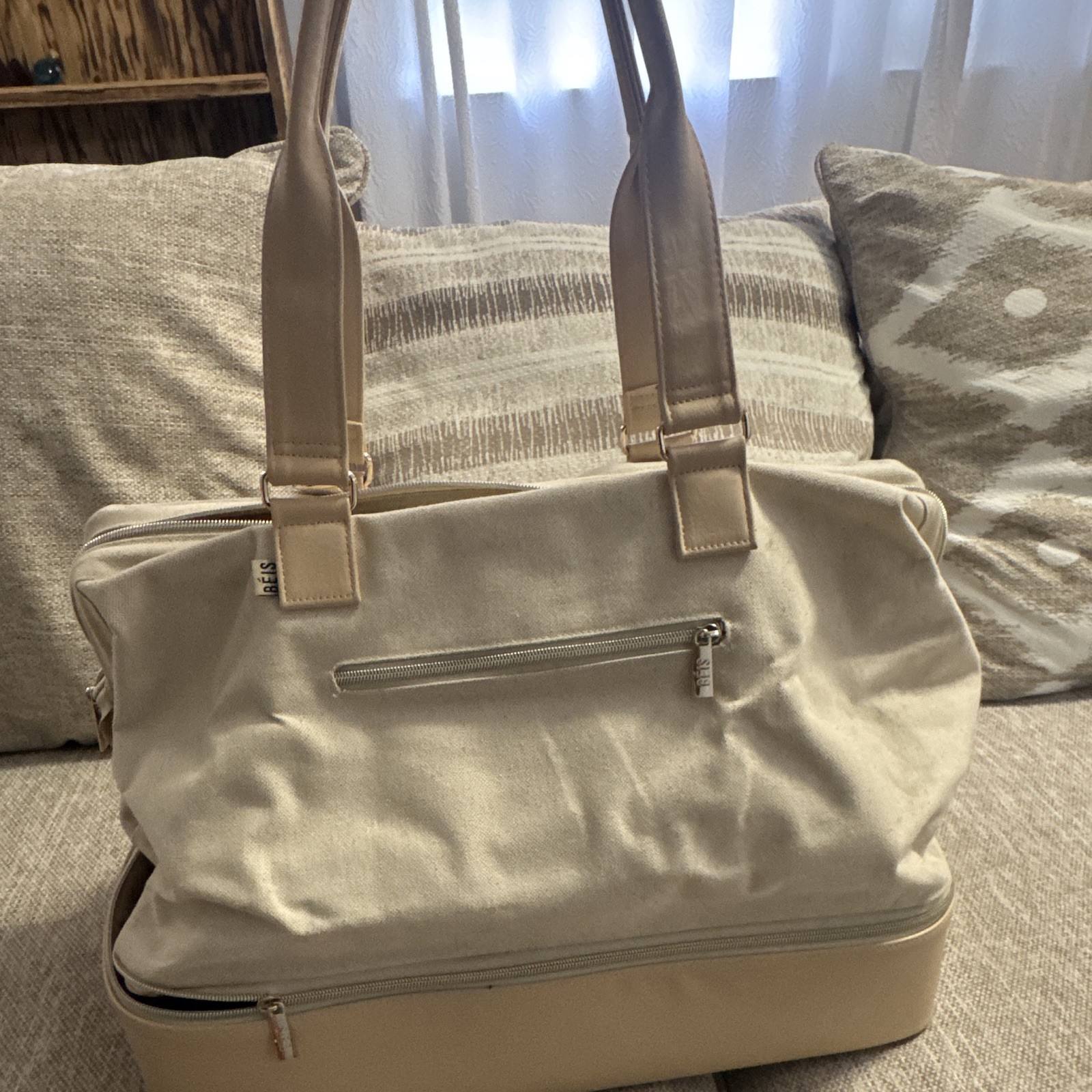BÉIS Beige Weekender Travel Duffle Bag Zip Closure, Pockets, Silver Hardware