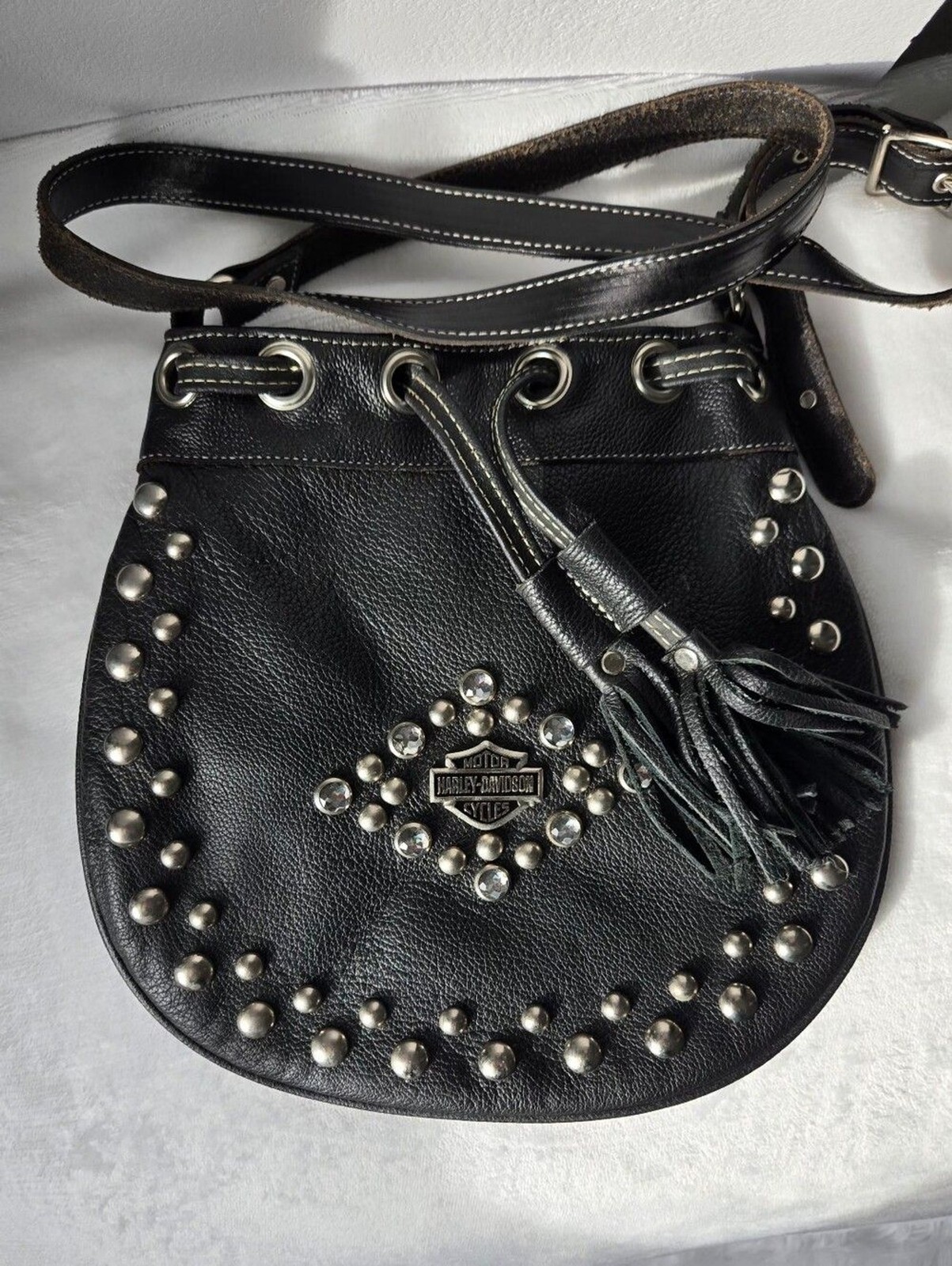 Vintage Y2K Harley-Davidson Black Leather Studded Drawstring Crossbody Bag