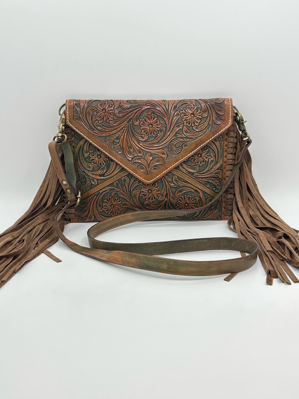 American Darling Tooled Leather Purse Tan Women Clutch Crossbody Distress Fringe