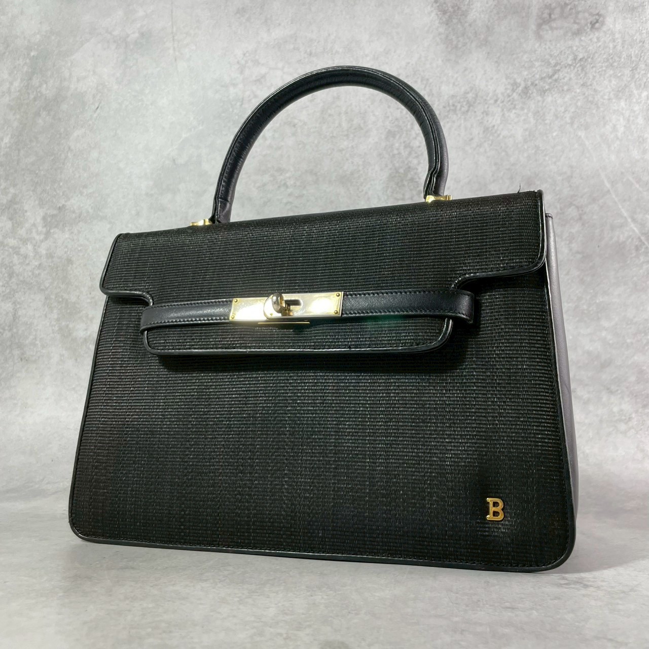 BALLY Horsehair Leather Top Handle Handbag Black Turn Lock Structured Design