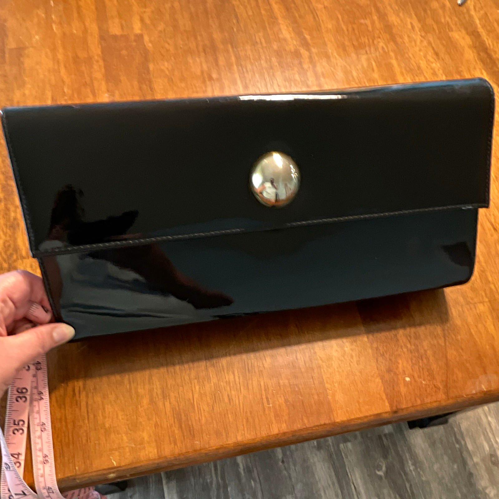 Giant Black Patent Envelope Clutch Purse Snap Gold Button Accent Drag Queen