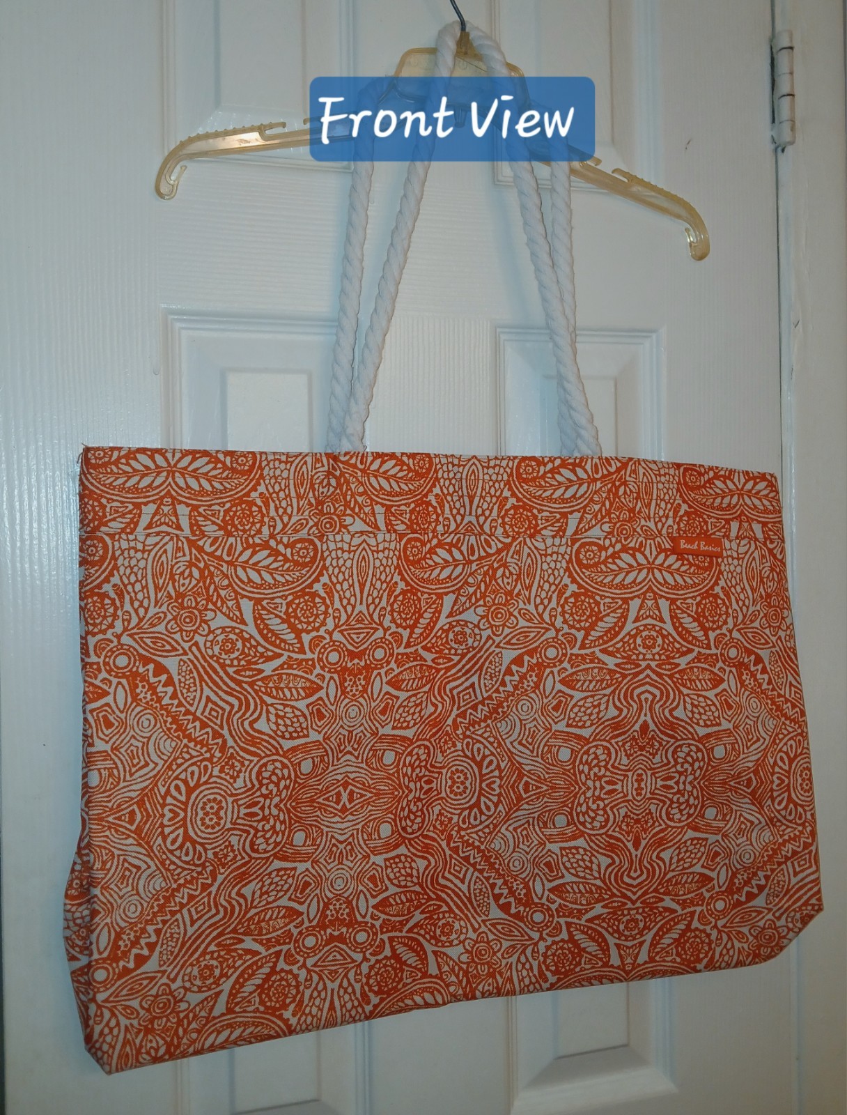 NWOT Extra Large Beach Basics Orange & White Floral Print Canvas Beach Bag