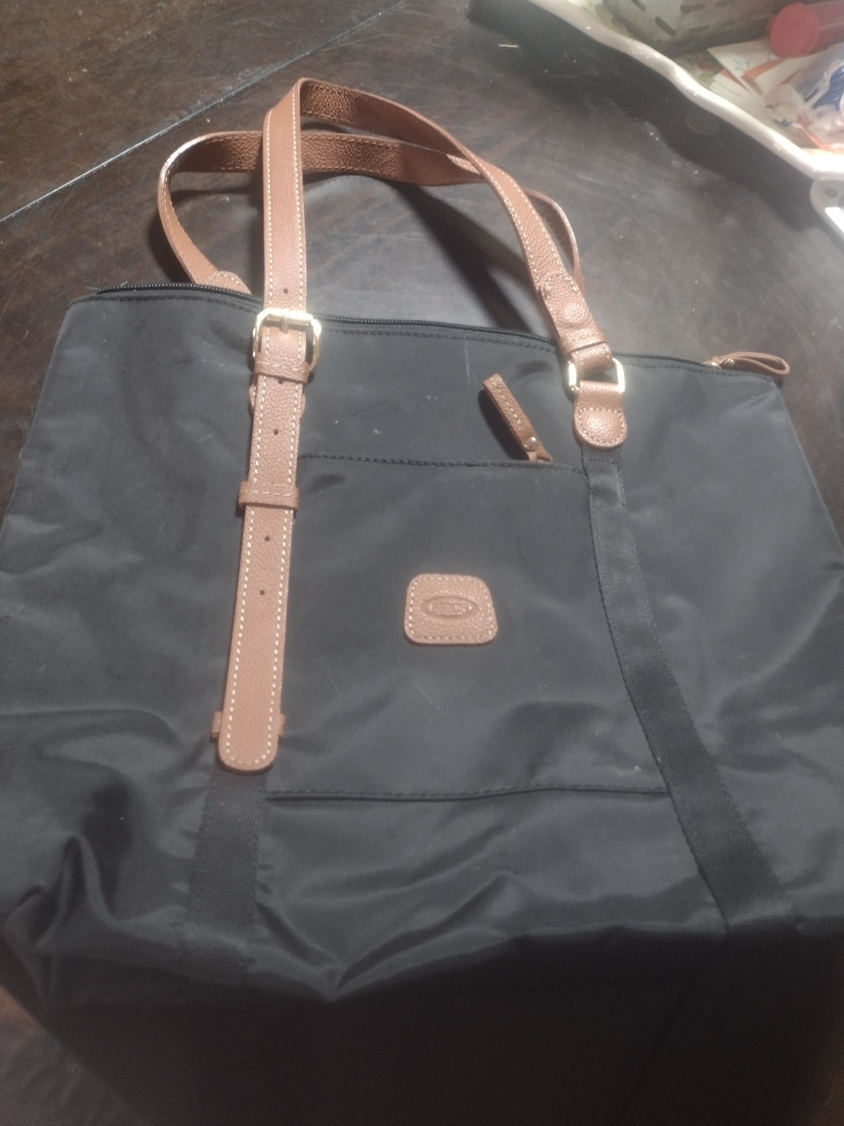 Bric’s Black Tote Bag Zip Top Double Brown Leather Handles Gold Hardware