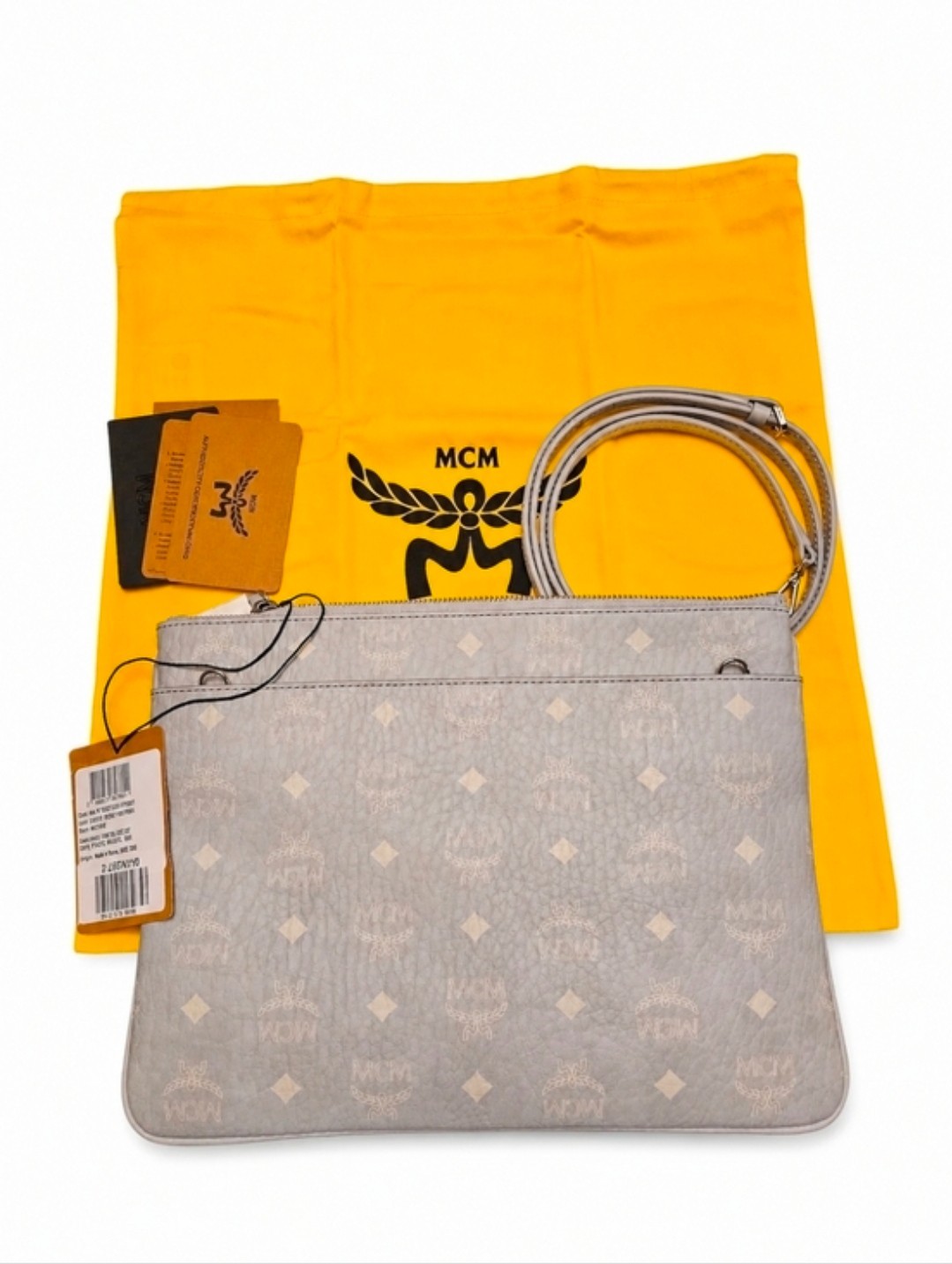 MCM Aren Crossbody Pouch/ Clutch in Visetos In Misty Grey NWT/ COA & Dustbag