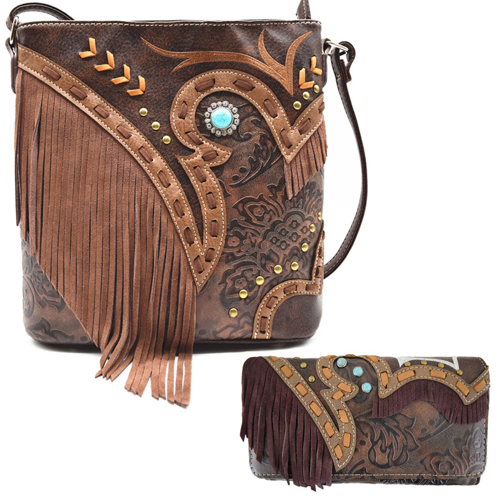 Western Style Fringe Crossbody Handbag Women Purse Shoulder Bag Wallet Set BRN