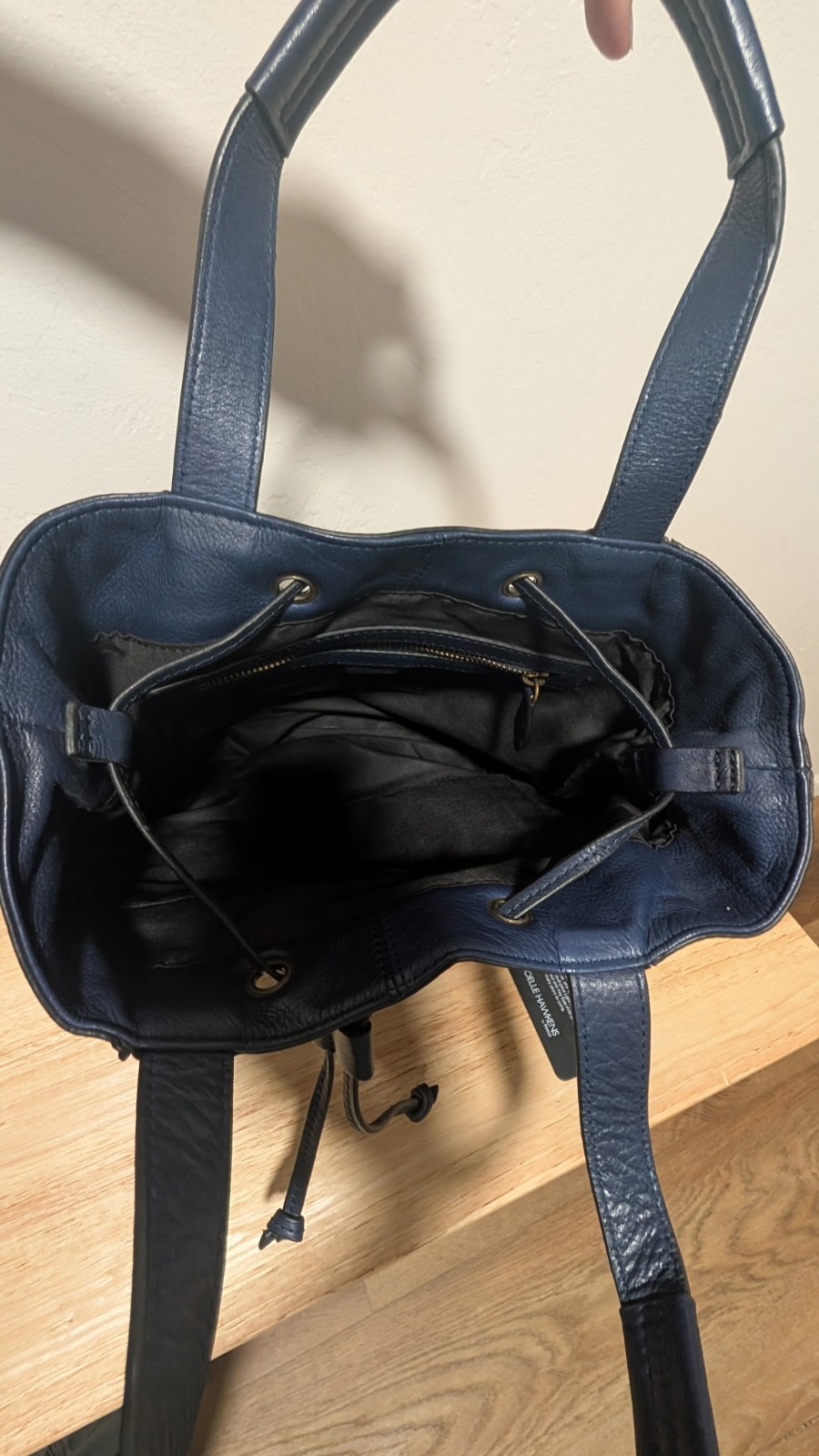 Joelle Hawkens Navy Shoulder Bag Pebbled Leather Drawstring Zip Studs