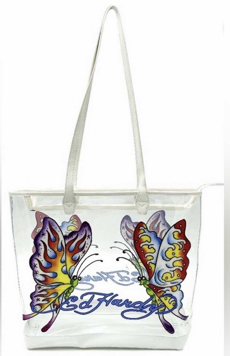 Ed Hardy Clear Butterfly Tote Bag Zip Closure w/ Pouch, Gold Hardware, Women