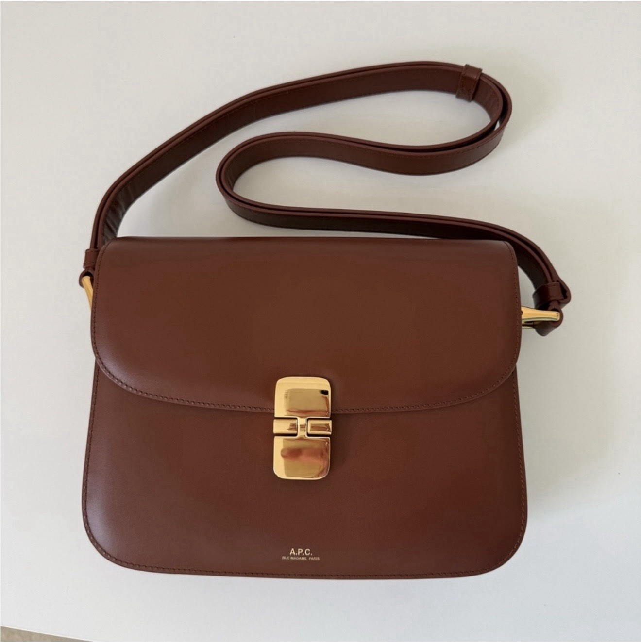 A.P.C. Grace Brown Small Crossbody Bag Gold Clasp Adjustable Strap Dust Bag