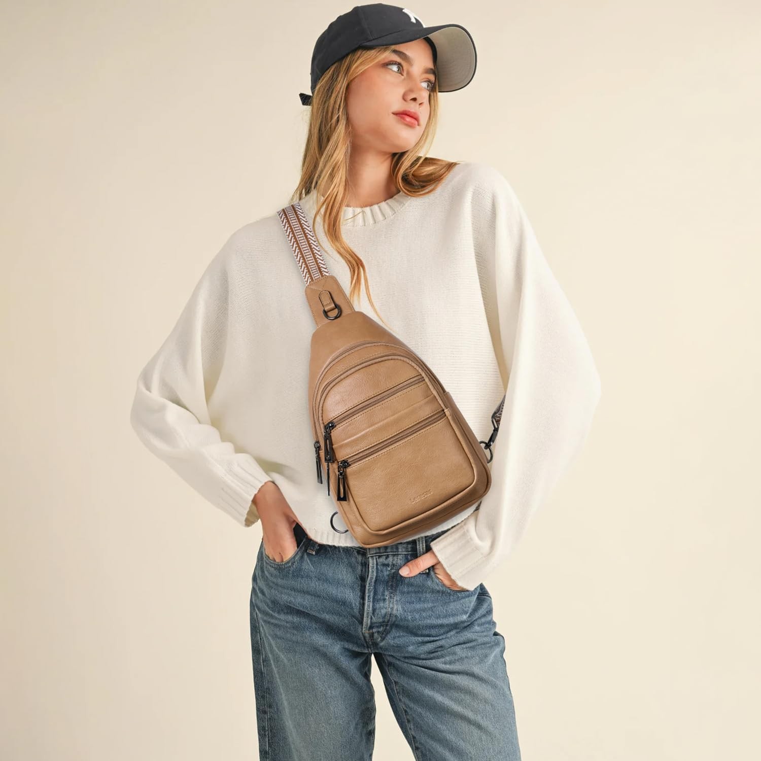 Sling Bag for Women Cross Body Purse Fanny Pack Sling Backpack Vegan Tan
