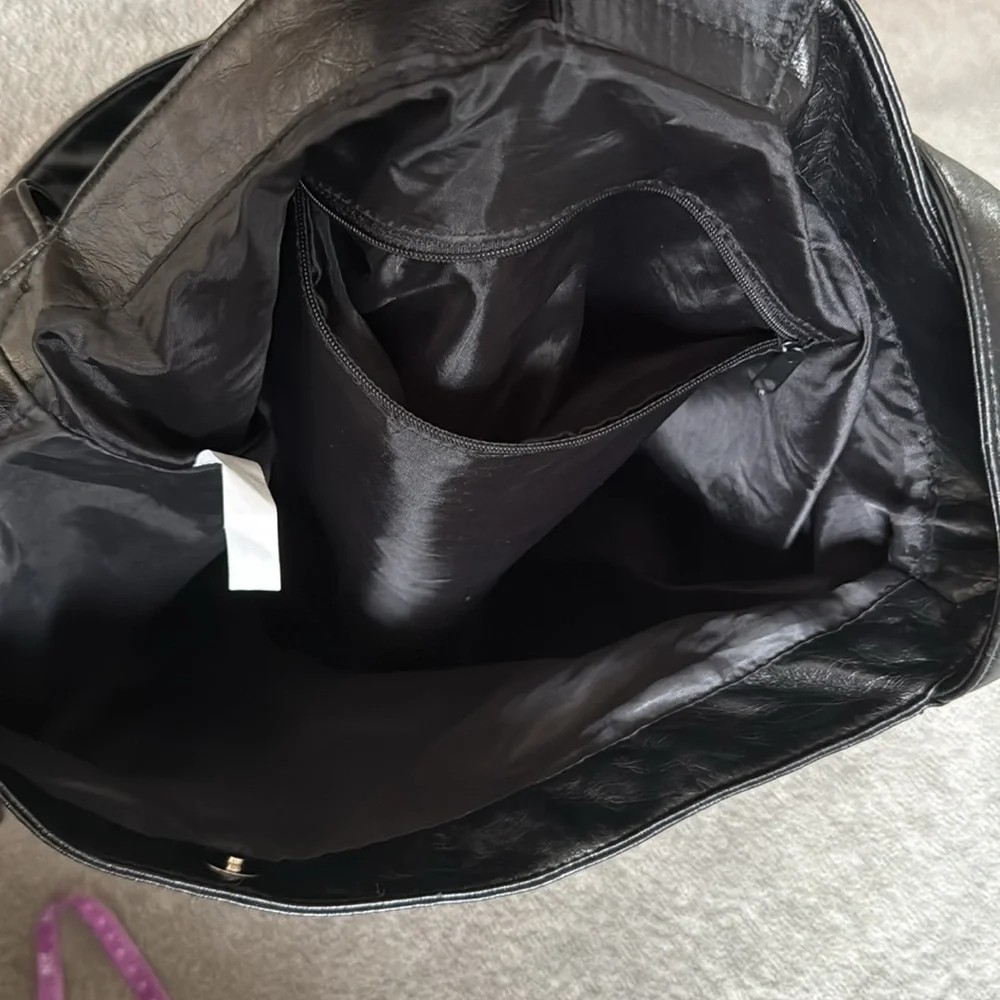 Black Faux Leather Tote Bag with Cloth Lining and Silver Toned Studs