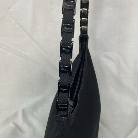 Salvatore Ferragamo Vara Chain Link Shoulder Bag Black Canvas Quiet Luxury