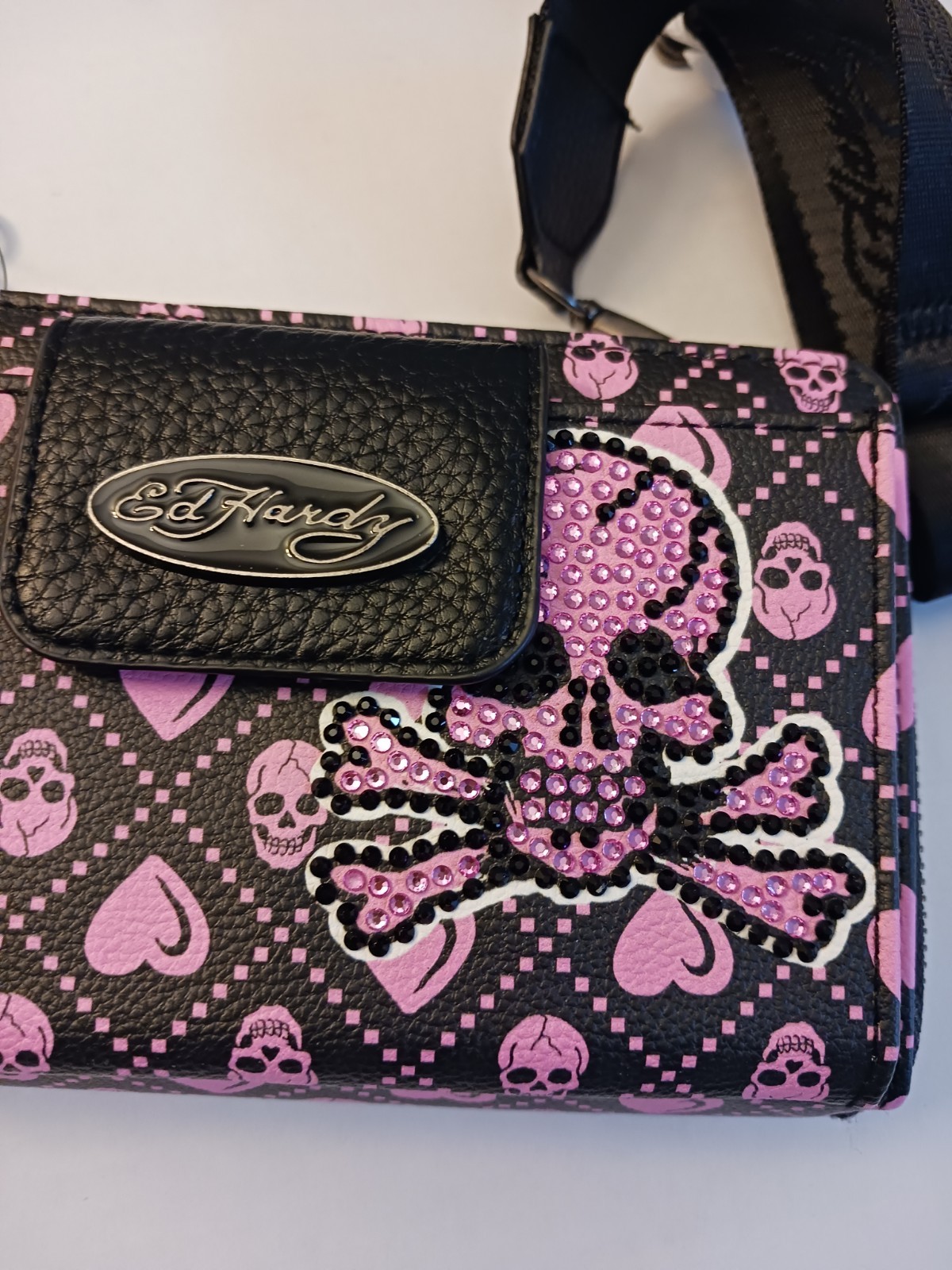 Ed Hardy DOUBLE Zip Crossbody Wristlet Wallet, Skull & Hearts Pink Black NWT