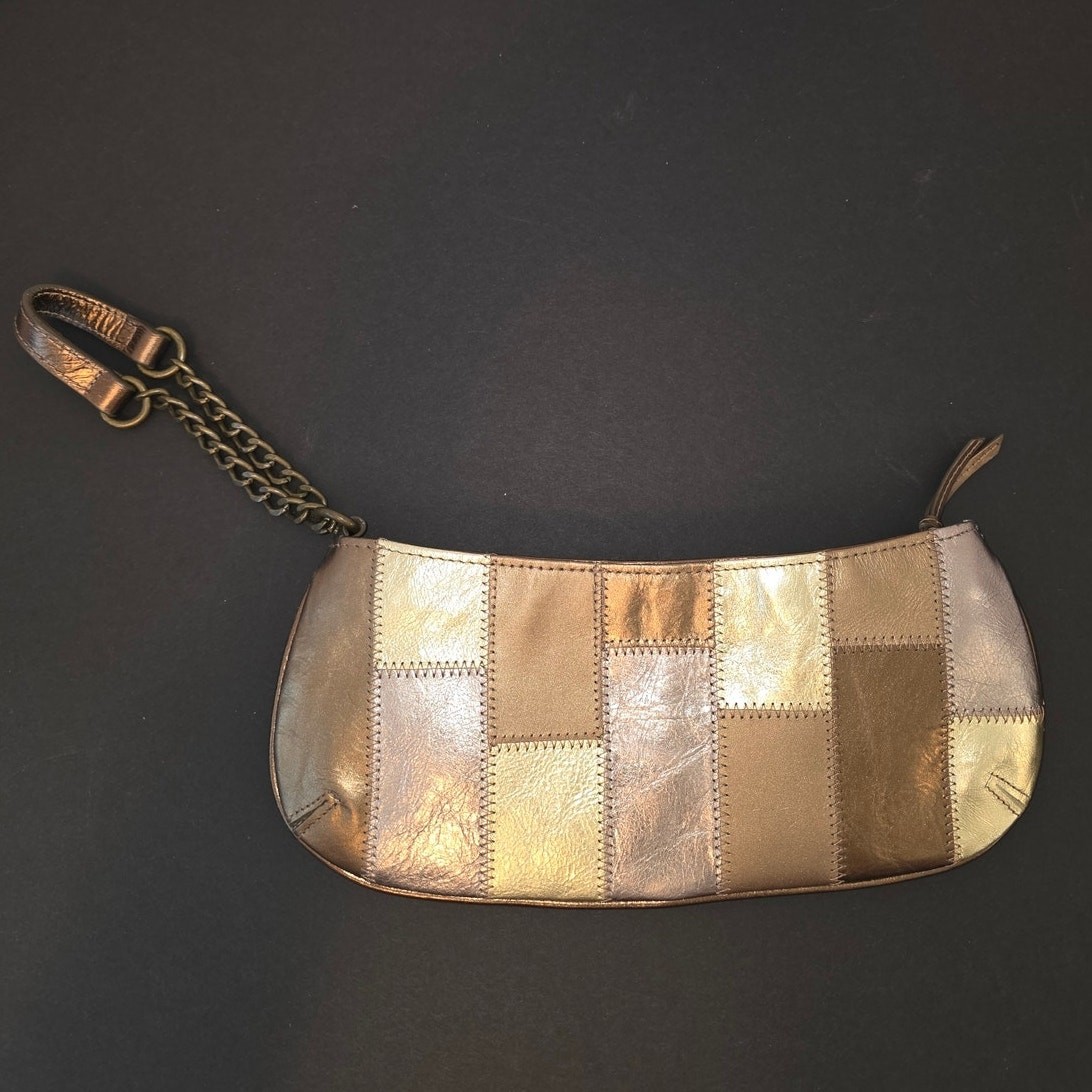 VTG Quilted Metallic Chain Wristlet Fossil Boho Patchwork Multi-Toned Y2k RARE